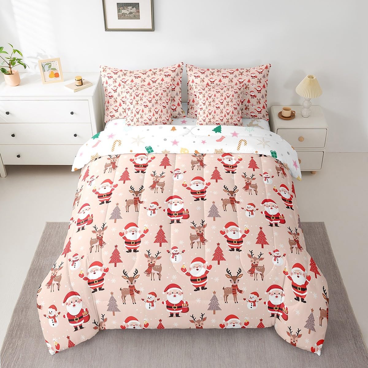 Pink Christmas 7 Piece Bedding Set Full Size Merry Christmas Snowman Bed in a Bag for Boys Girls Bedroom Decor Santa Claus Comforter Set with Sheets,Pillowcases & Cushion Cover Soft Xmas Tree Deer - Image 47