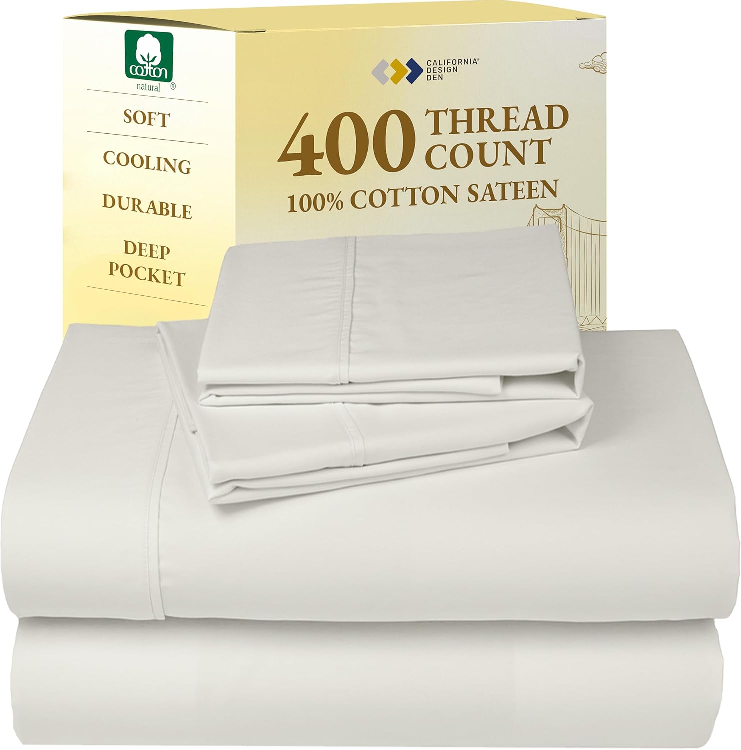 California Design Den King Size Sheets Set - Soft 400 Thread Count Sateen, Natural 100% Cotton Sheets King Size, Deep Pockets with All Around Elastic for a Snug Fit, Cool & Durable Bedding - White - Image 22