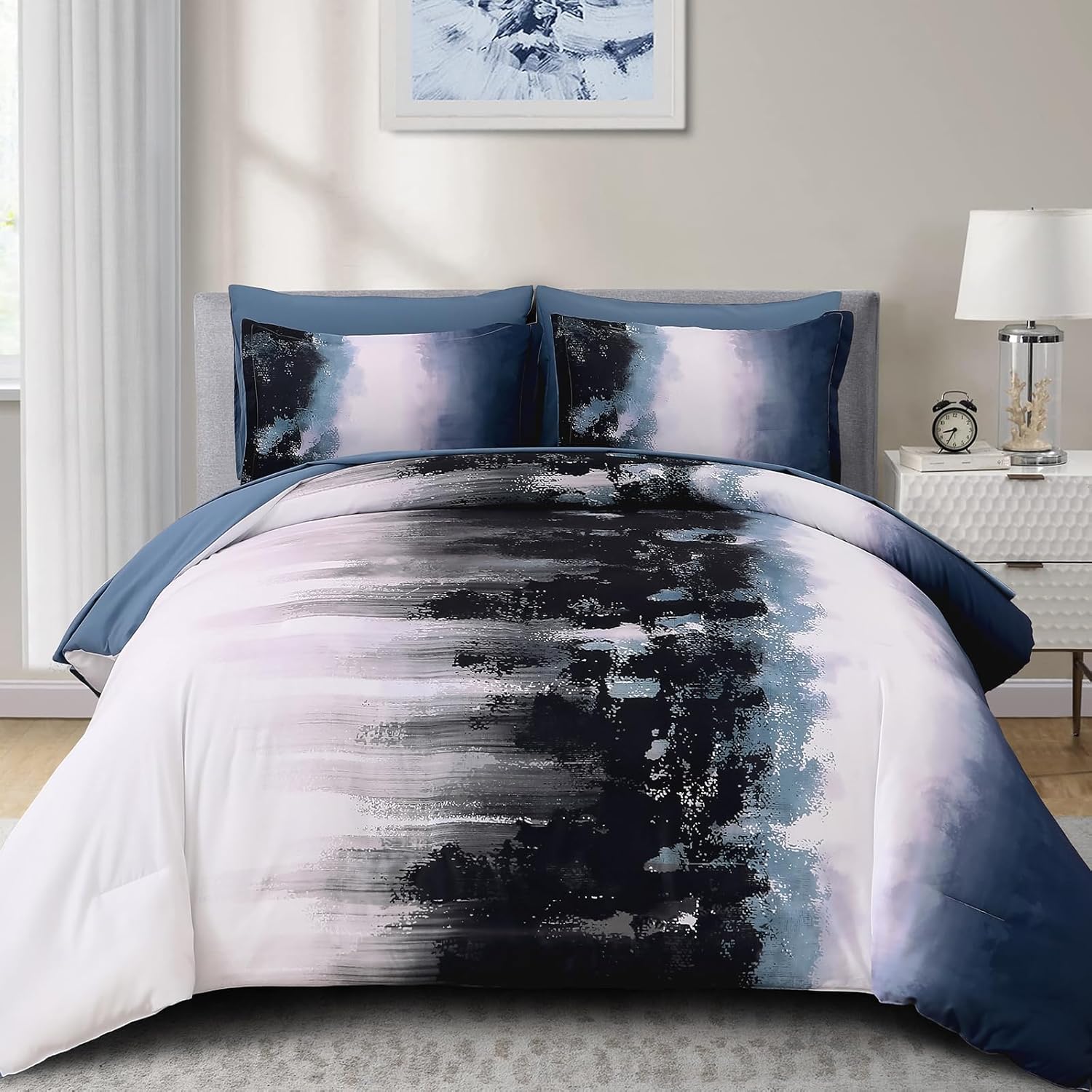 Ombre Blue Comforter Set King Size Reversible Gradient Blue Grey Boho Bedding Set for Men Women 8 Pieces Bed in A Bag Bohemian Bed Set With Comforter, Sheets, Pillowcases & Shams, Cushion Cover - Image 8