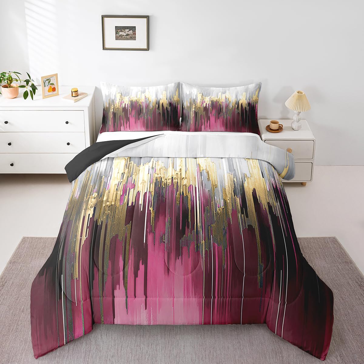Erosebridal Black Grey Gold Comforter Set Queen Brush Strokes Oil Painting Bedding Set, Gradient Abstract Vintage Bedding Comforter Sets Ombre Graffiti Duvet Set, Contemporary Modern Quilted Comforter - Image 19
