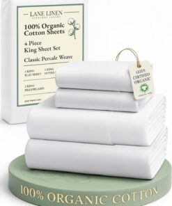 LANE LINEN 100% Organic Cotton King Size Sheets Set, Soft & Comfy All Season Breathable Sheets King Size, Percale Weave Fully Elasticized Eco Friendly Naturally Cooling King White Bed Sheets