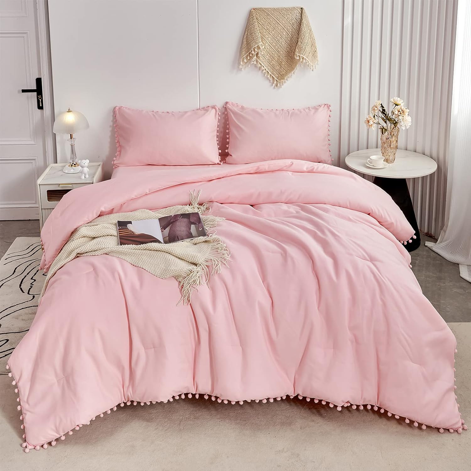 PERFEMET 5 Pcs Pink Pom Pom Comforter Twin Size Aesthetic Boho Pom Fringe Bedding Set with Sheet Ultra Soft Lightweight Farmhouse Bedding Quilt Set for Girls Kids(Pink, Twin) - Image 2