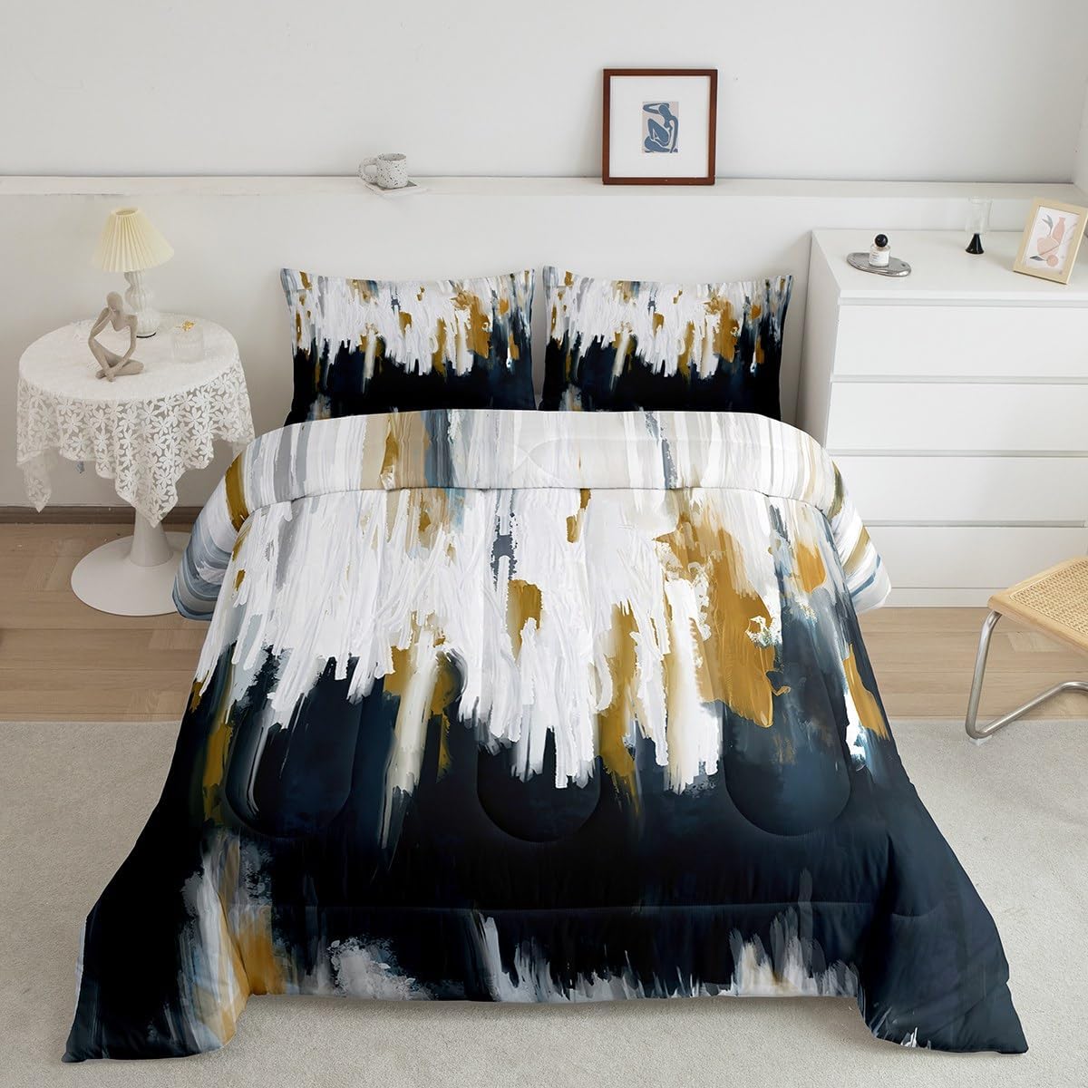 Erosebridal Black Grey Gold Comforter Set Queen Brush Strokes Oil Painting Bedding Set, Gradient Abstract Vintage Bedding Comforter Sets Ombre Graffiti Duvet Set, Contemporary Modern Quilted Comforter - Image 35