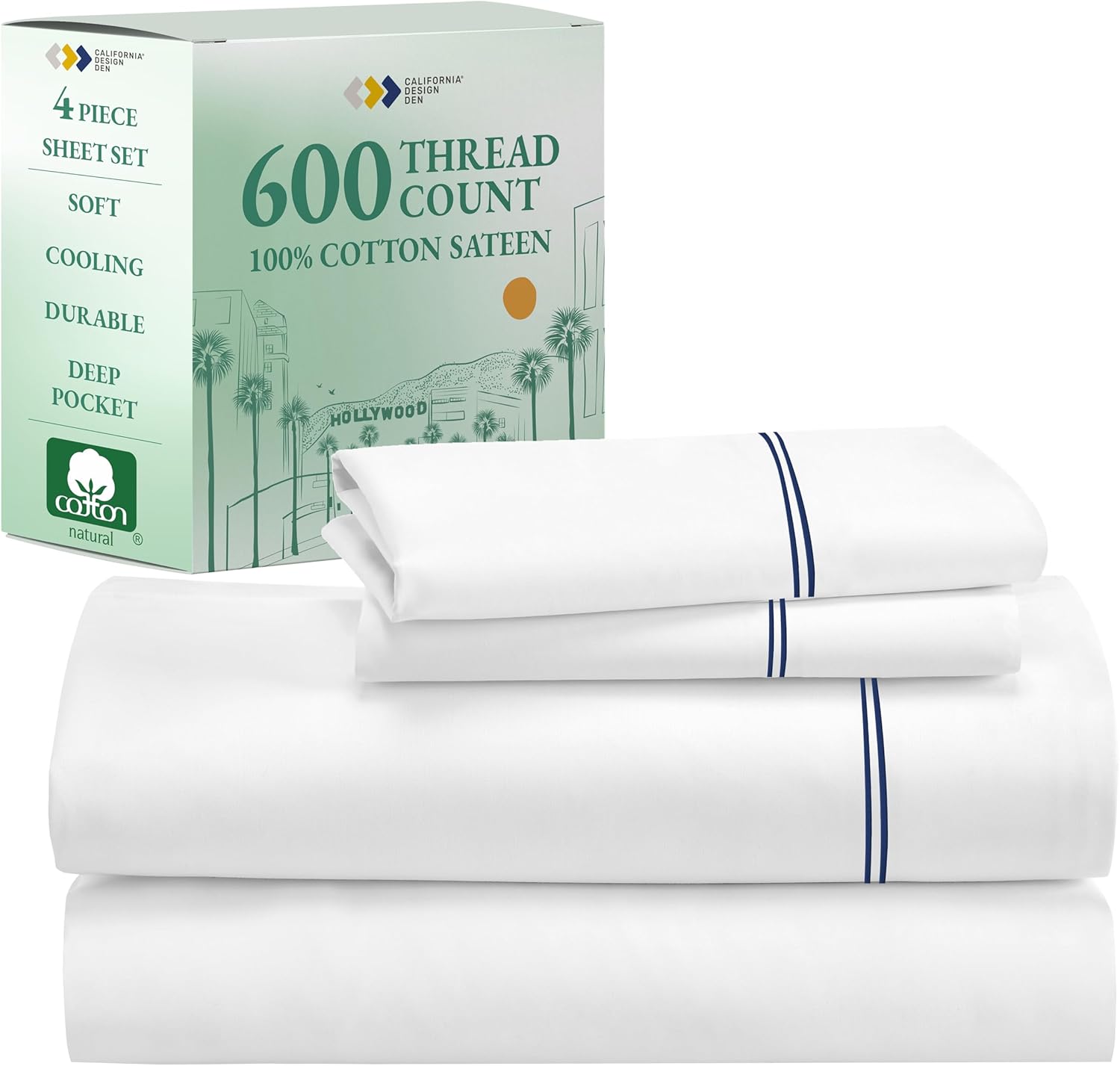 California Design Den Queen Sheet Set - Luxury 600 Thread Count Sateen, 100% Cotton Deep Pocket Queen Sheets with All Around Elastic, Snug Fit, Hotel Quality Bedding Set - White - Image 49