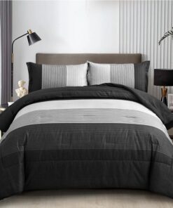 WONGS BEDDING Black Comforter Set Queen, Reversible Black Grey Stripe Down Alternative Comforter for All Season,3 Pieces(1 Patchwork Comforter+2 Pillowcases), Soft Microfiber Bedding Set 90"×90"