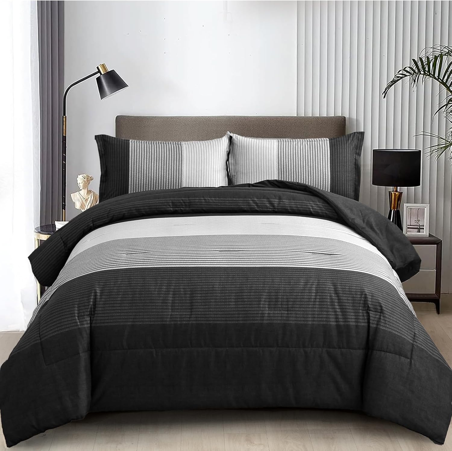 WONGS BEDDING Black Comforter Set Queen, Reversible Black Grey Stripe Down Alternative Comforter for All Season,3 Pieces(1 Patchwork Comforter+2 Pillowcases), Soft Microfiber Bedding Set 90"×90"