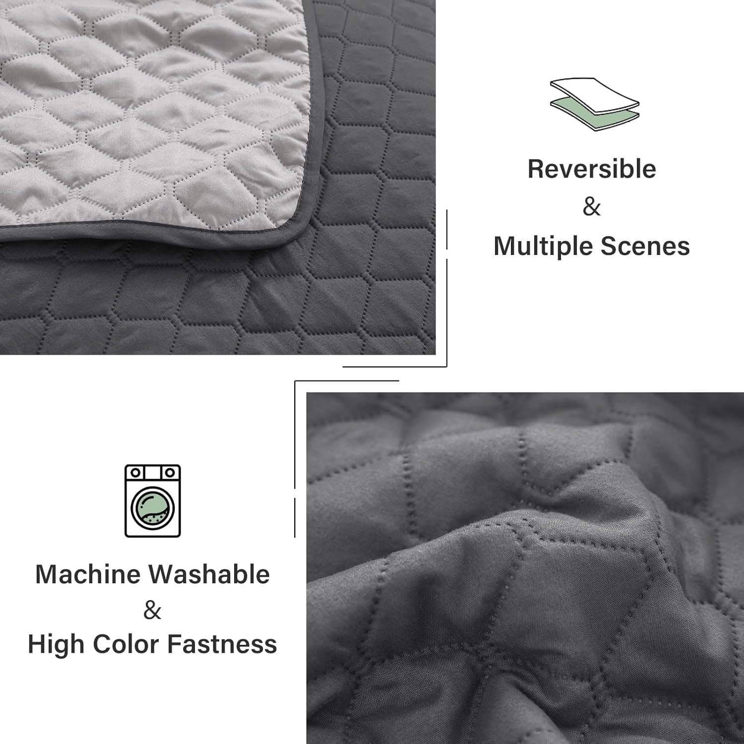 Exclusivo Mezcla Ultrasonic Reversible Full Queen Quilt Bedding Set with Pillow Shams, Lightweight Quilts Queen Size, Soft Bedspreads Bed Coverlets for All Seasons - (Grey, 90"x96") - Image 6