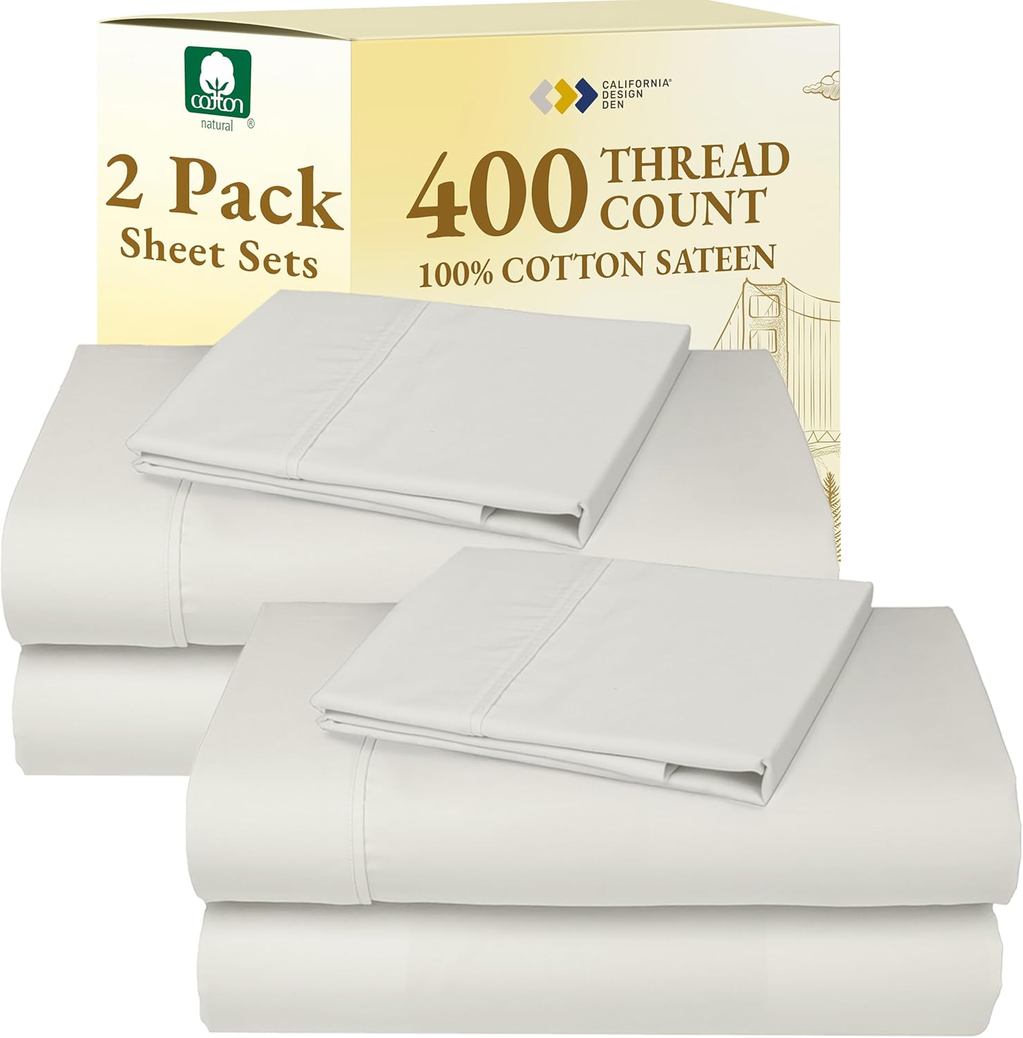 California Design Den King Size Sheets Set - Soft 400 Thread Count Sateen, Natural 100% Cotton Sheets King Size, Deep Pockets with All Around Elastic for a Snug Fit, Cool & Durable Bedding - White - Image 18