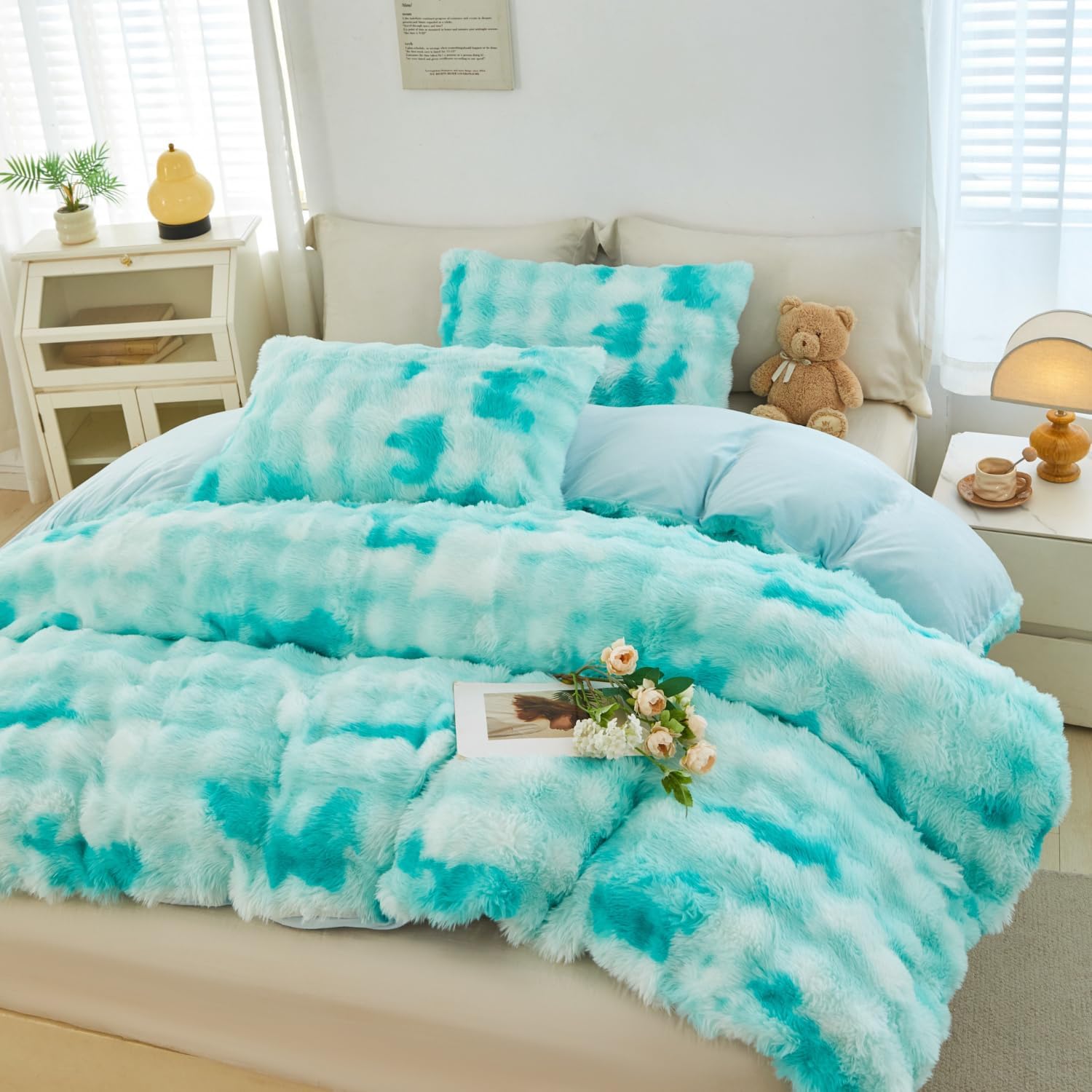 SUCSES Blue Purple Fluffy Twin Bedding Sets for Girls 3Pcs Faux Fur Plush Shaggy Kids Duvet Cover Set Twin Size Tie Dye Velvet Furry Comforter Cover Set - Image 15