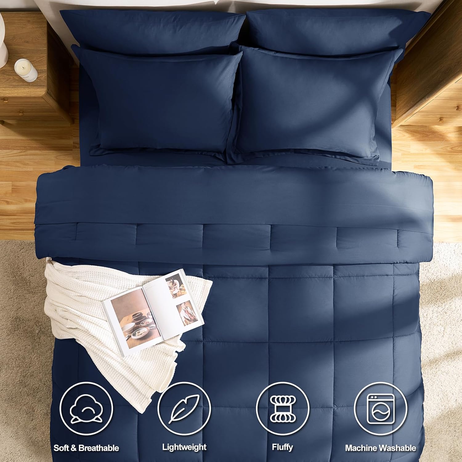CozyLux Navy Blue Queen Comforter Set with Sheets - 7 Pieces Bed in a Bag Queen Bedding Sets, All Season Soft 7PC Bed Set with Navy Comforter, Flat Sheet, Fitted Sheet, Pillowcases & Pillow Shams - Image 2