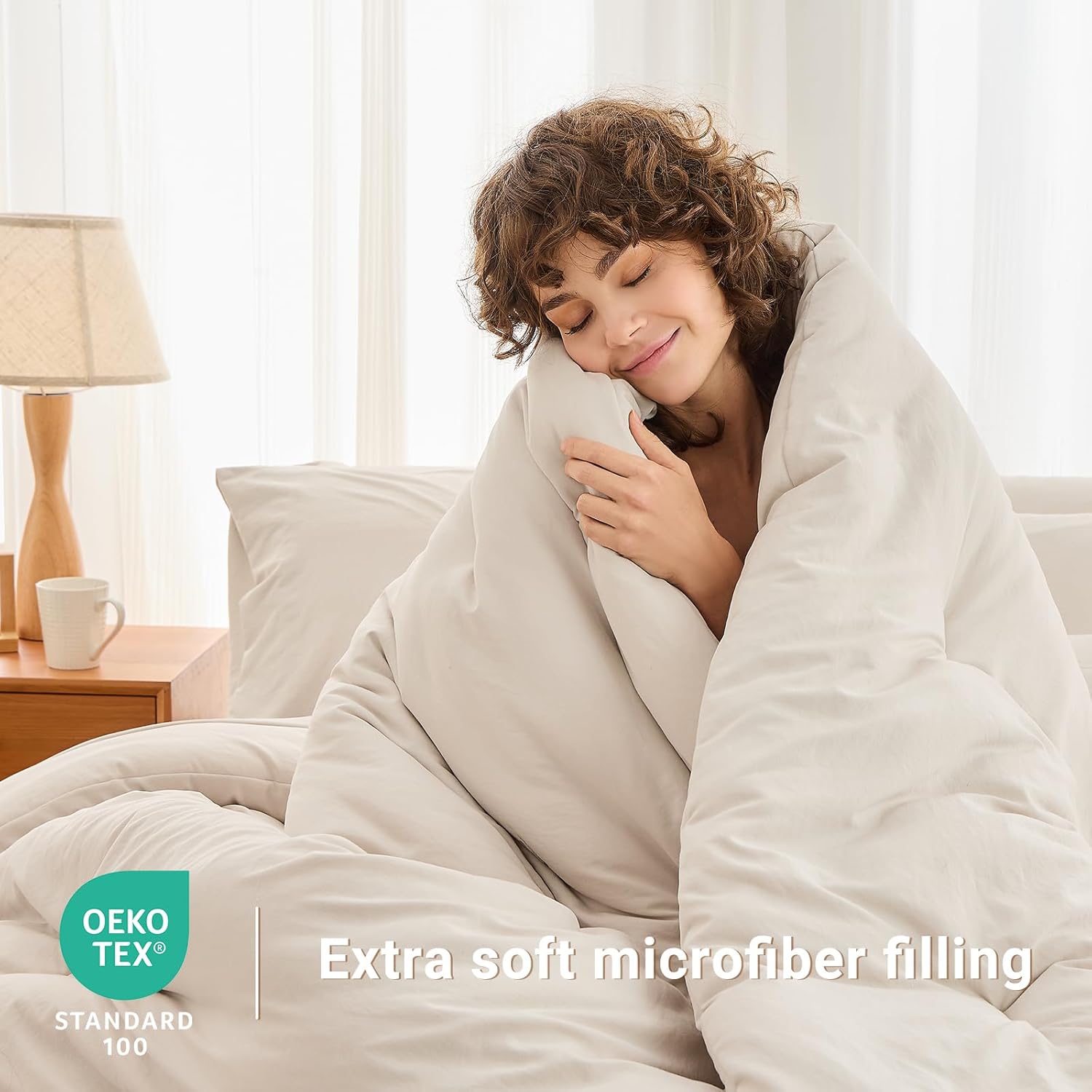 MUXHOMO 7 Pieces Queen Comforter Set, Soft Bed in a Bag Queen Size, All Season Bedding Set with Comforter, Flat Sheet, Fitted Sheet, Pillowcases & Shams, Beige - Image 3