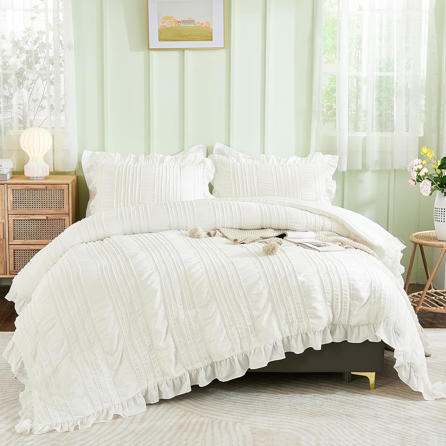 WONGS BEDDING Beige Ruffle Queen Comforter,Boho Shabby Chic Bedding for Queen Bed,Soft Seersucker Farmhouse Bedding Set with 1 Ruffled Comforter,2 Tufted Pillowcases 90"×90" - Image 20