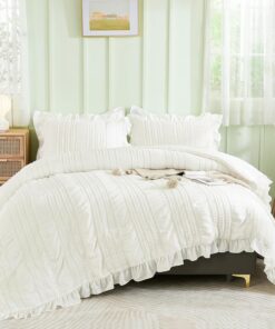 WONGS BEDDING White Queen Comforter Set,Boho Ruffle Comforter for Queen Bed,Soft Seersucker Shabby Chic Bedding Set with 1 Comforter,2 Tufted Pillowcases 90"×90"