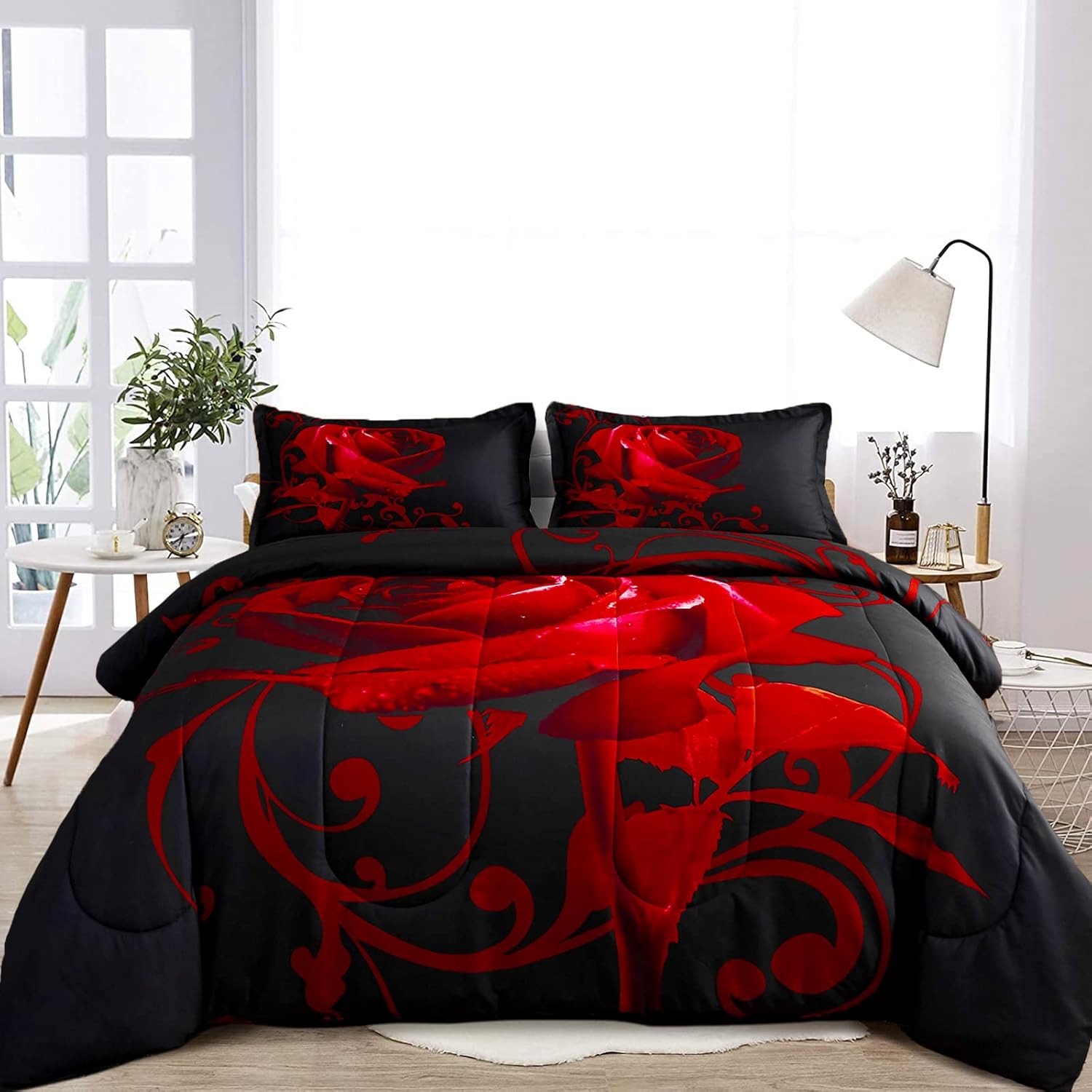 WONGS BEDDING Red Comforter Set Queen Reversible Red Rose Pattern Printed Bedding Down Comforter with 2 Pillowcases for All Seasons, Soft Microfiber Lightweight Bedding Set 90"x90" - Image 4