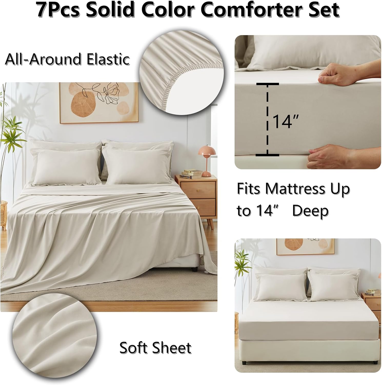 CozyLux King Comforter Set Beige, 7 Pieces Bed in a Bag Soft Bedding Comforter Set with Sheets, All Season Boho 7PC Bed Sets with Comforter, Fitted Sheets, Flat Sheets, Pillow Shams and Pillowcases - Image 5