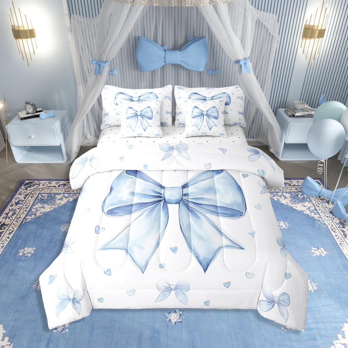 Erosebridal Kawaii Bowknot Girls Bed in A Bag with Sheets Dreamy Princess Style Twin Comforter Set 7 Piece for Kids Teen Women,Girly Cute Bow Bedding Set Pink Bow Tie Bed Set Bedroom Decor - Image 12