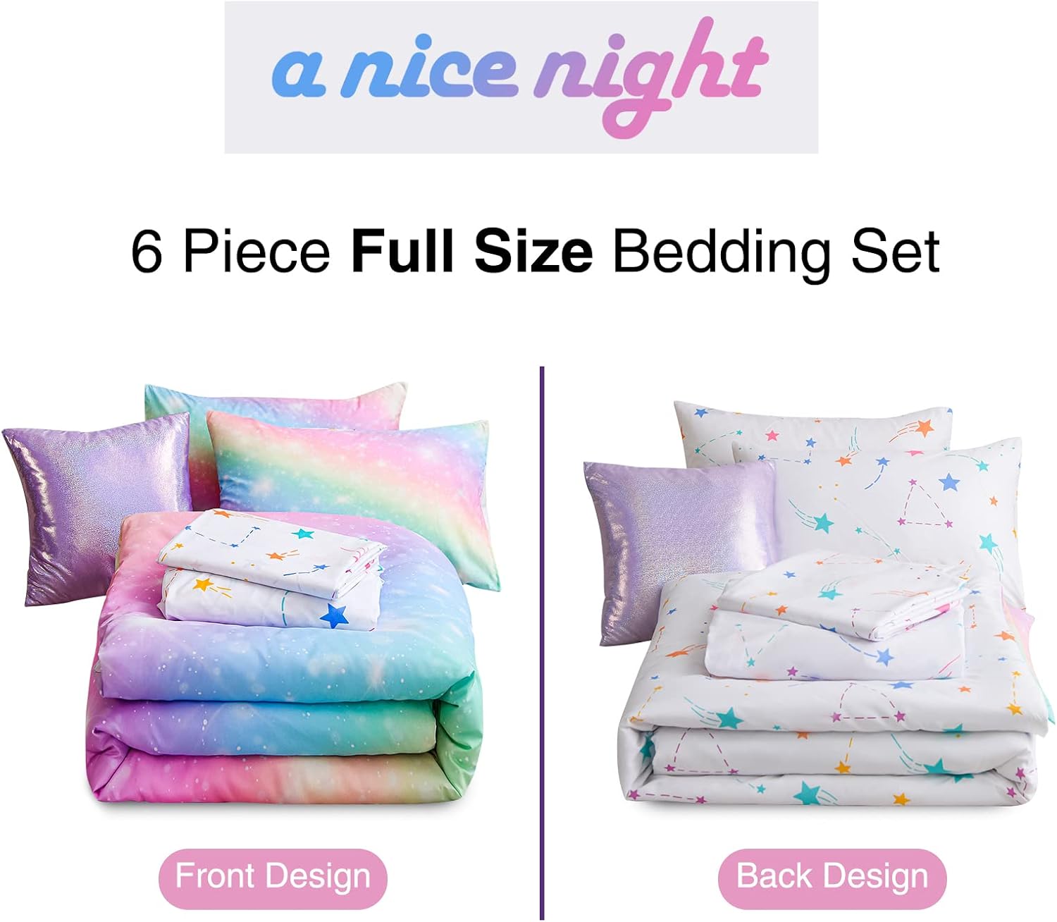 A Nice Night 6Pcs Gradient Glitter Bedding Set for Girls Full Size, Colorful Rainbow Galaxy Comforter Set, Ultra Soft Bedding Sets, Pink - Image 6