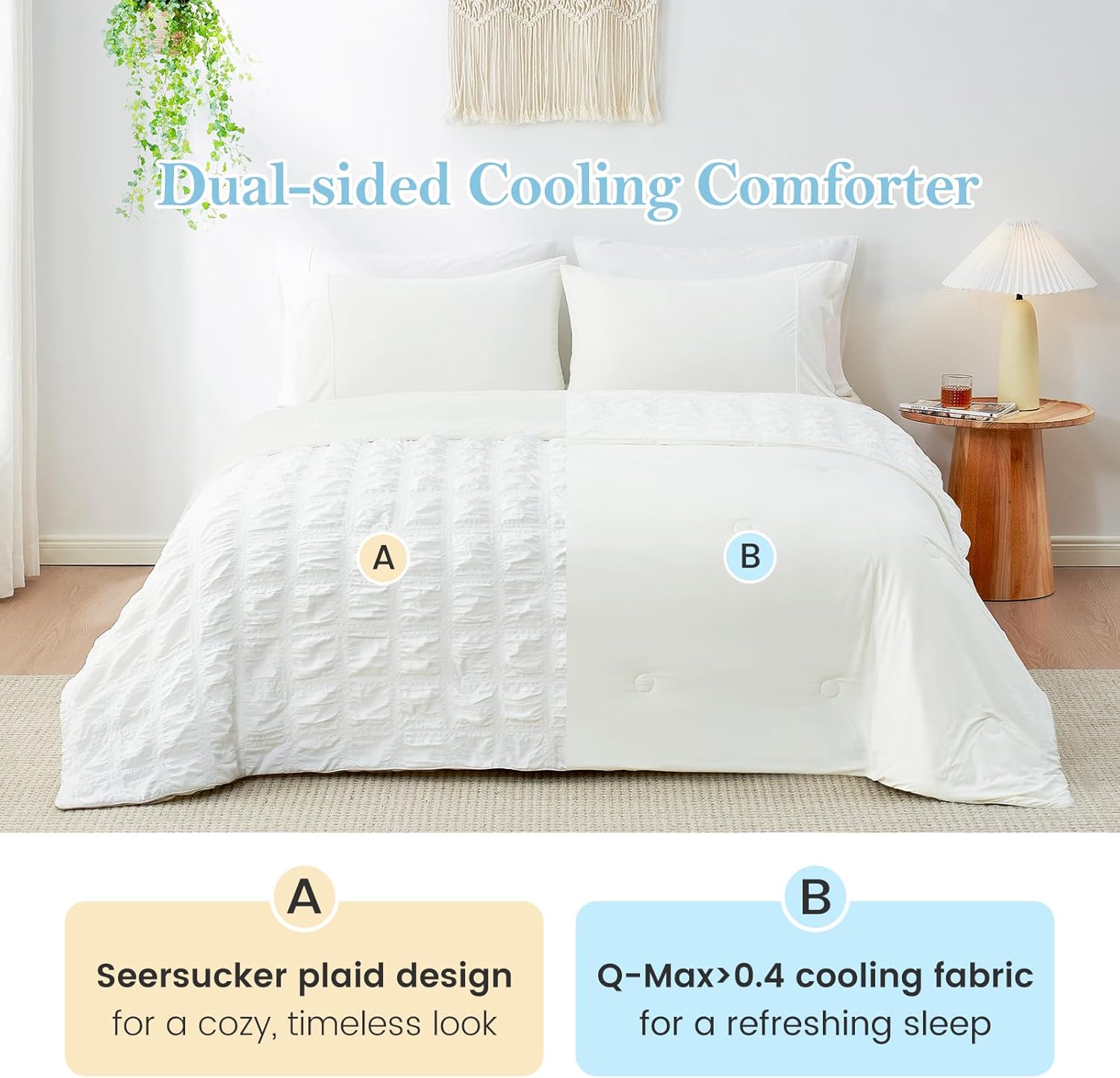 Cozy Bliss Cooling Comforter Queen Size Seersucker Plaid, Q-Max 0.4 Reversible Lightweight Cooling Blanket, Breathable Silk Smooth Summer Bedding Quilt for Hot Sleepers Night Sweats White - Image 3