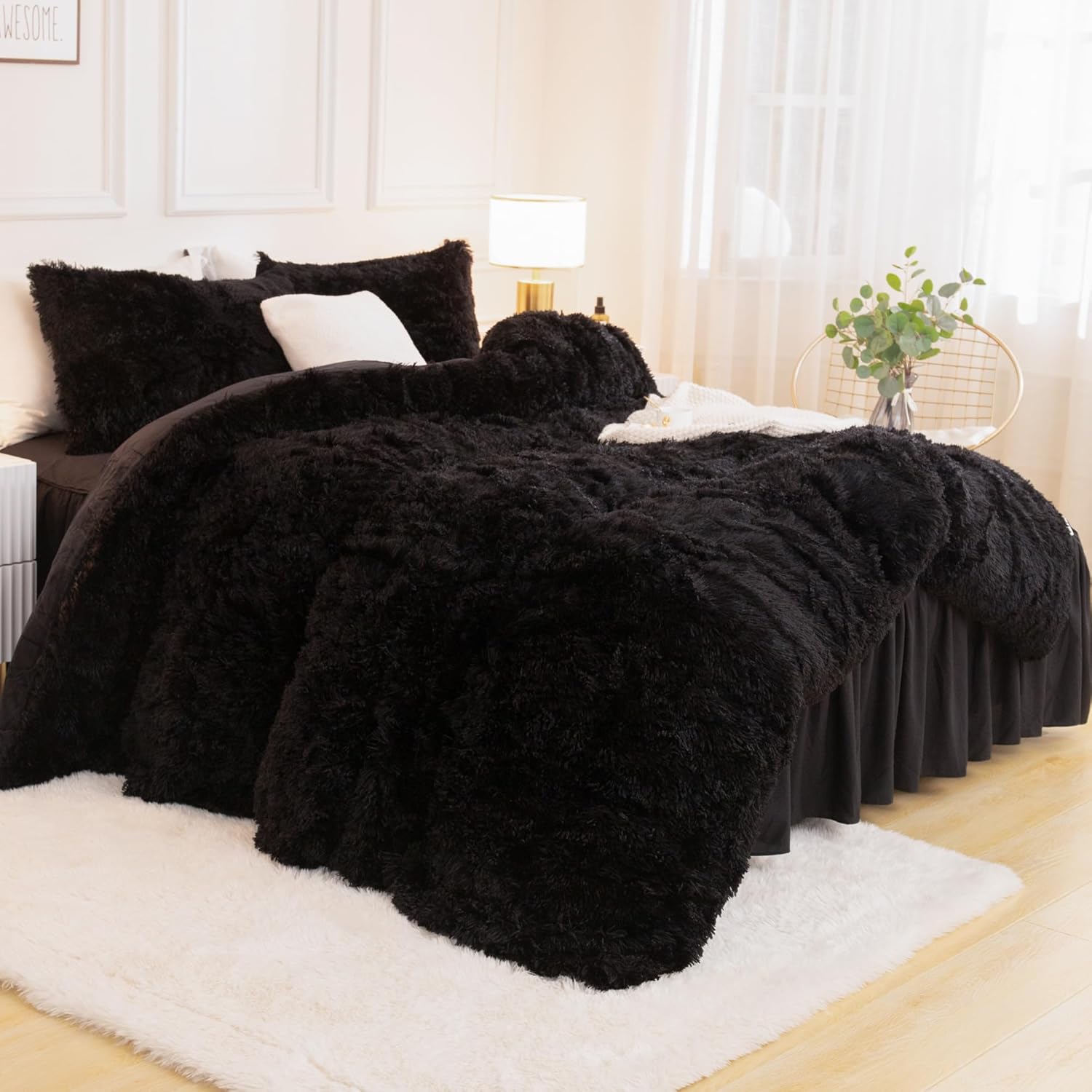 Andency Queen Comforter Set Black, Fluffy Winter Faux Fur Warm Soft Plush Bedding Comforter Set (1 Velvet Comforter & 2 Pillowcases), Fuzzy Thick Heavy Puffy Comforters Bed Set - Image 2