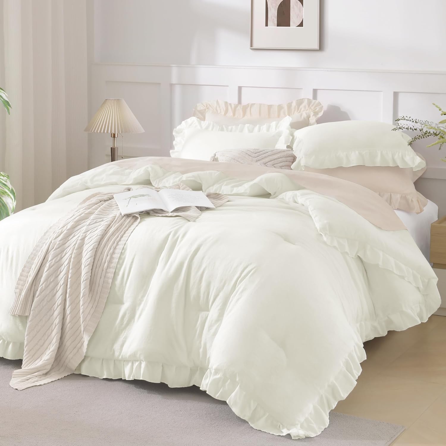Andency Comforter Full Size Set White, 3 Pieces Ruffle Farmhouse Shabby Chic Gift Full Comforter Set, Soft Lightweight Fluffy All Season Room Decor Bed Set for Girls Women Teens Daughter - Image 16