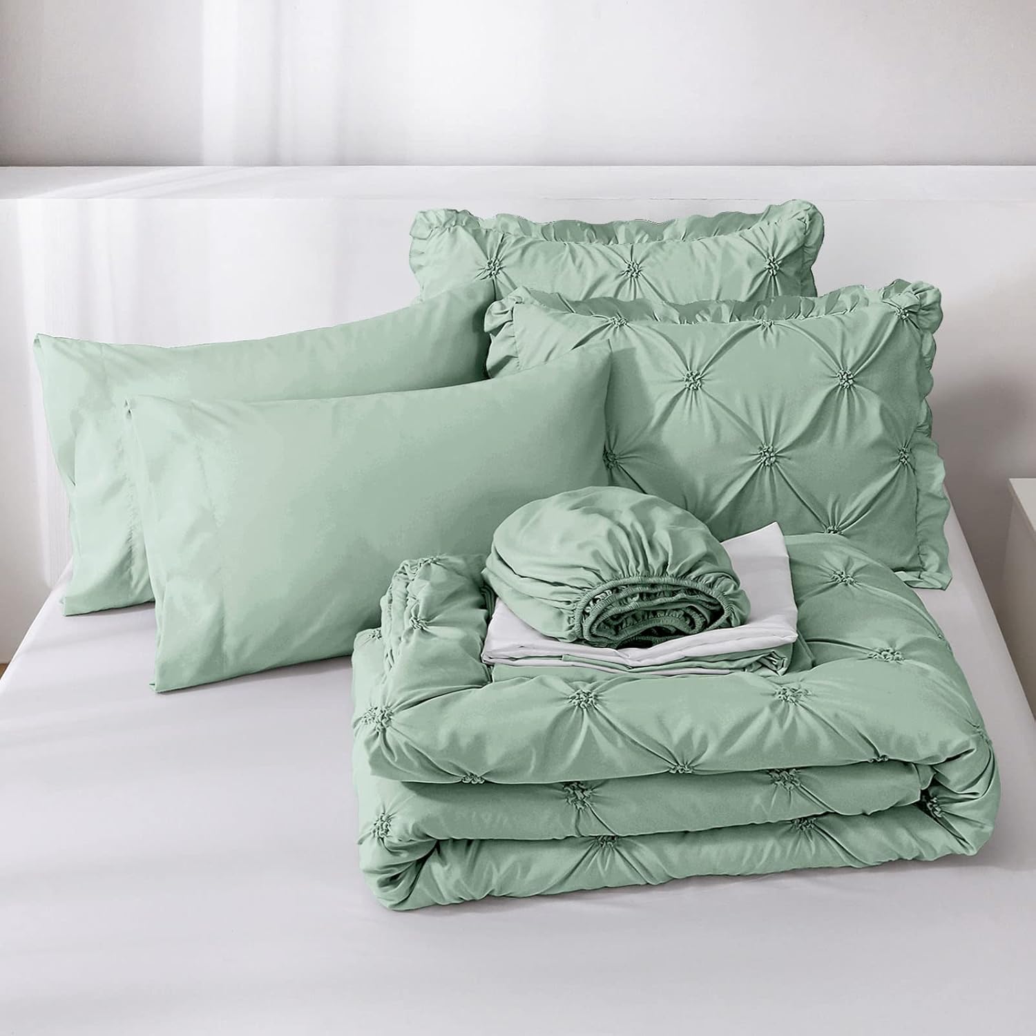 JOLLYVOGUE Queen Comforter Set 7 Pieces, Green Bed in a Bag Comforter Set for Bedroom, Bedding Comforter Sets with Comforter, Sheets,Ruffled Shams & Pillowcases - Image 6