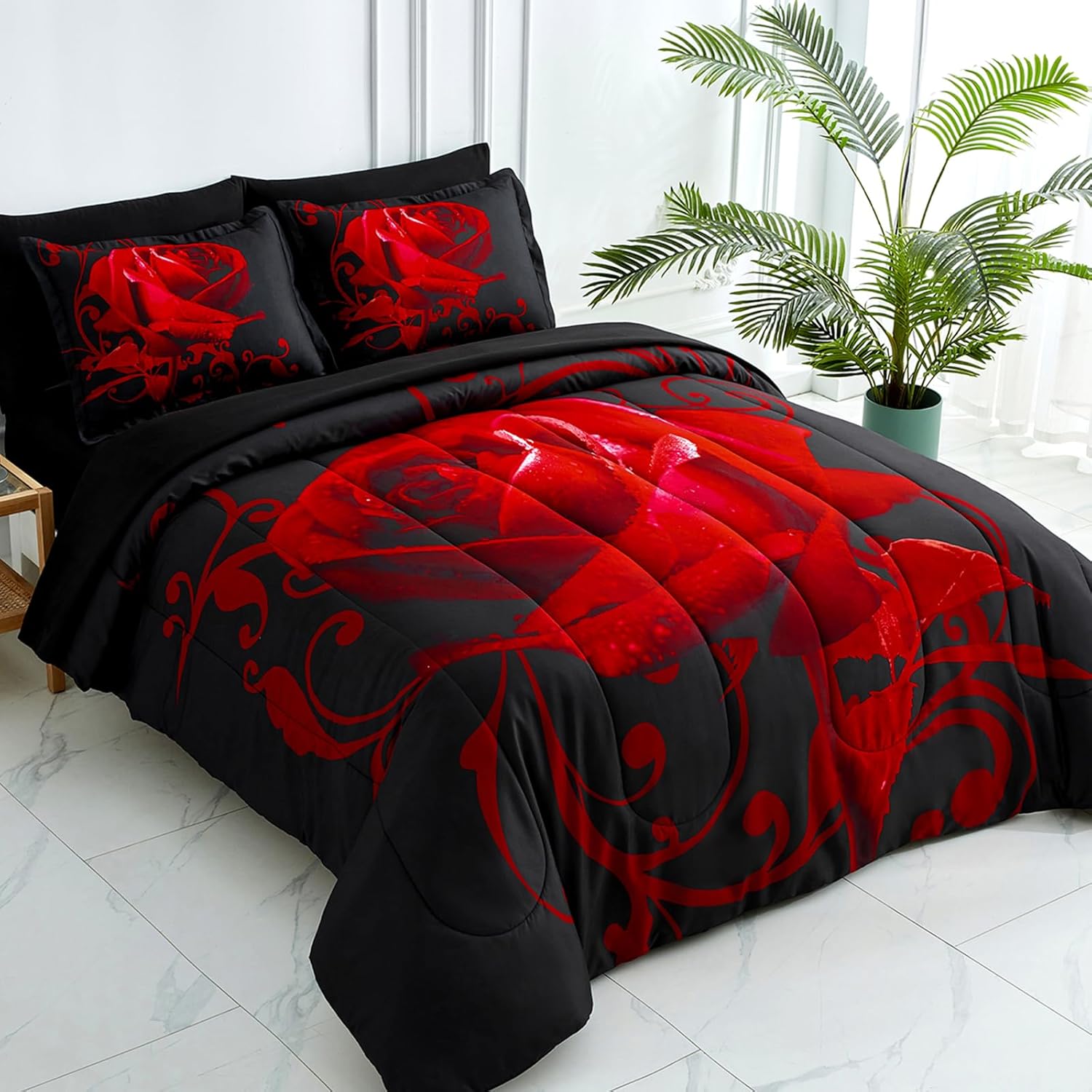 WONGS BEDDING Red Comforter Set Queen, Reversible Red Rose 7 Pieces Bed in a Bag, Lightweight Soft Microfiber Bedding Sets with Comforter, Flat Sheet, Fitted Sheet, Pillowcases & Shams - Image 3