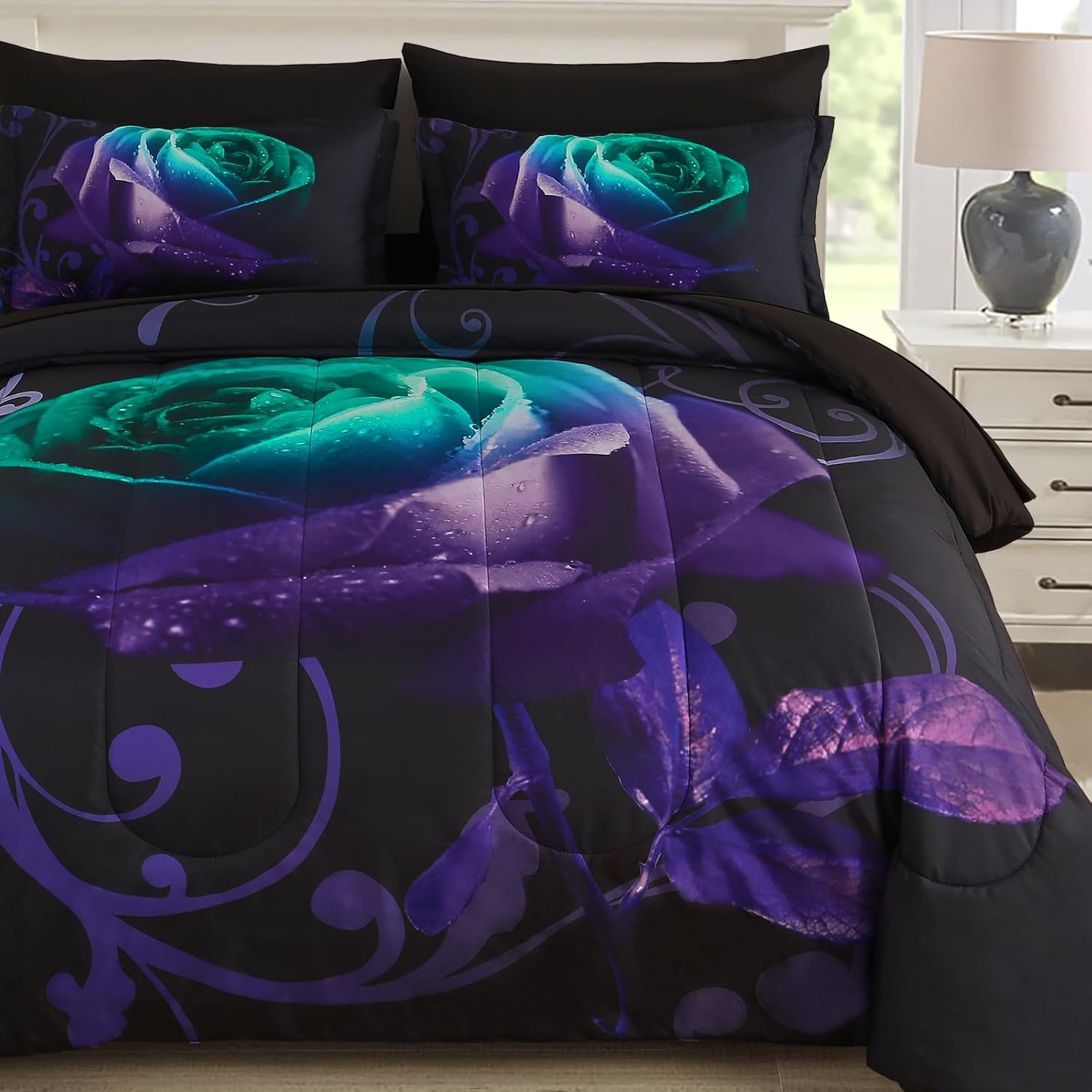 WONGS BEDDING Red Comforter Set Queen, Reversible Red Rose 7 Pieces Bed in a Bag, Lightweight Soft Microfiber Bedding Sets with Comforter, Flat Sheet, Fitted Sheet, Pillowcases & Shams - Image 13