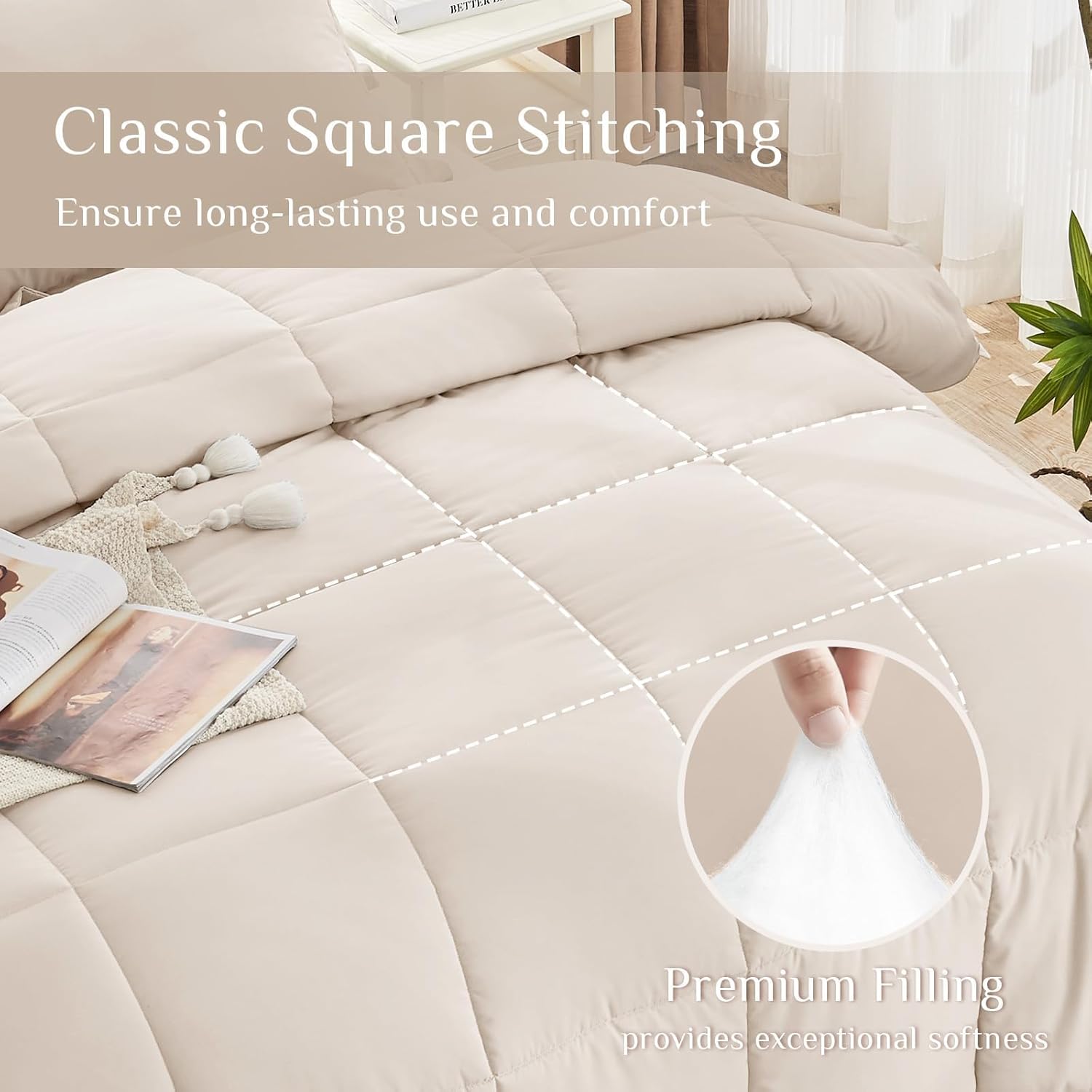 JOLLYVOGUE Queen Comforter Set, Ultra-Soft Bed in a Bag Queen Size 7 Pieces, Oeko-TEX Certified Bedding Set with Down Alternative Comforter, Sheets, Pillowcases & Shams, Beige - Image 3