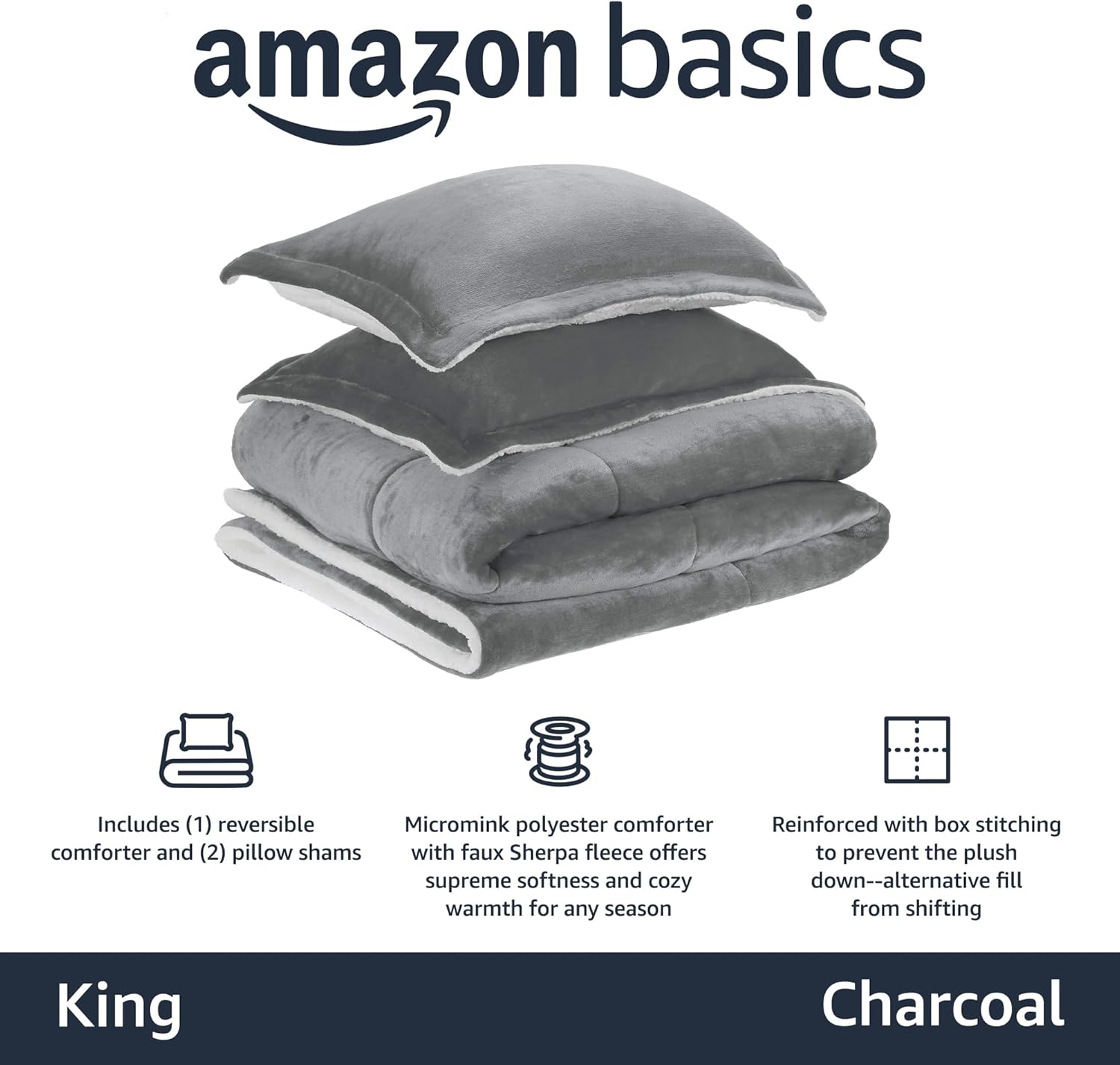 Amazon Basics 3 Piece Bedding Set, Micromink Sherpa, Ultra-Soft, Warm All Season Comforter, King, Charcoal, Solid - Image 2
