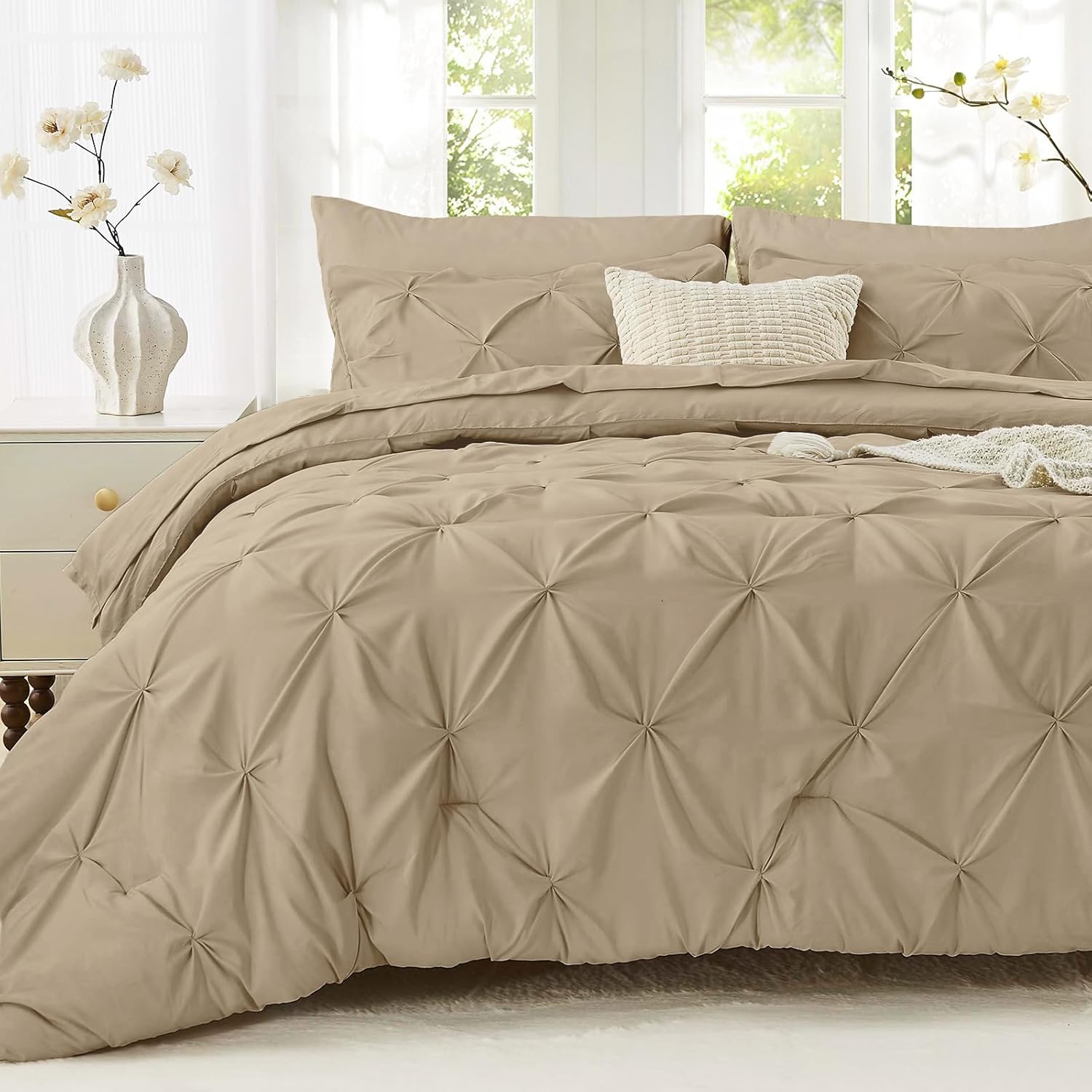 Sasttie Queen Comforter Set, 7-Piece Bed in a Bag, Pintuck Bedding Sets for All Season, Includes Comforter, Flat Sheet, Fitted Sheet, Pillowcases and Pillowshams, Beige - Image 14
