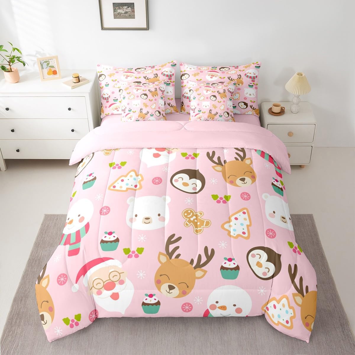 Pink Christmas 7 Piece Bedding Set Full Size Merry Christmas Snowman Bed in a Bag for Boys Girls Bedroom Decor Santa Claus Comforter Set with Sheets,Pillowcases & Cushion Cover Soft Xmas Tree Deer - Image 41