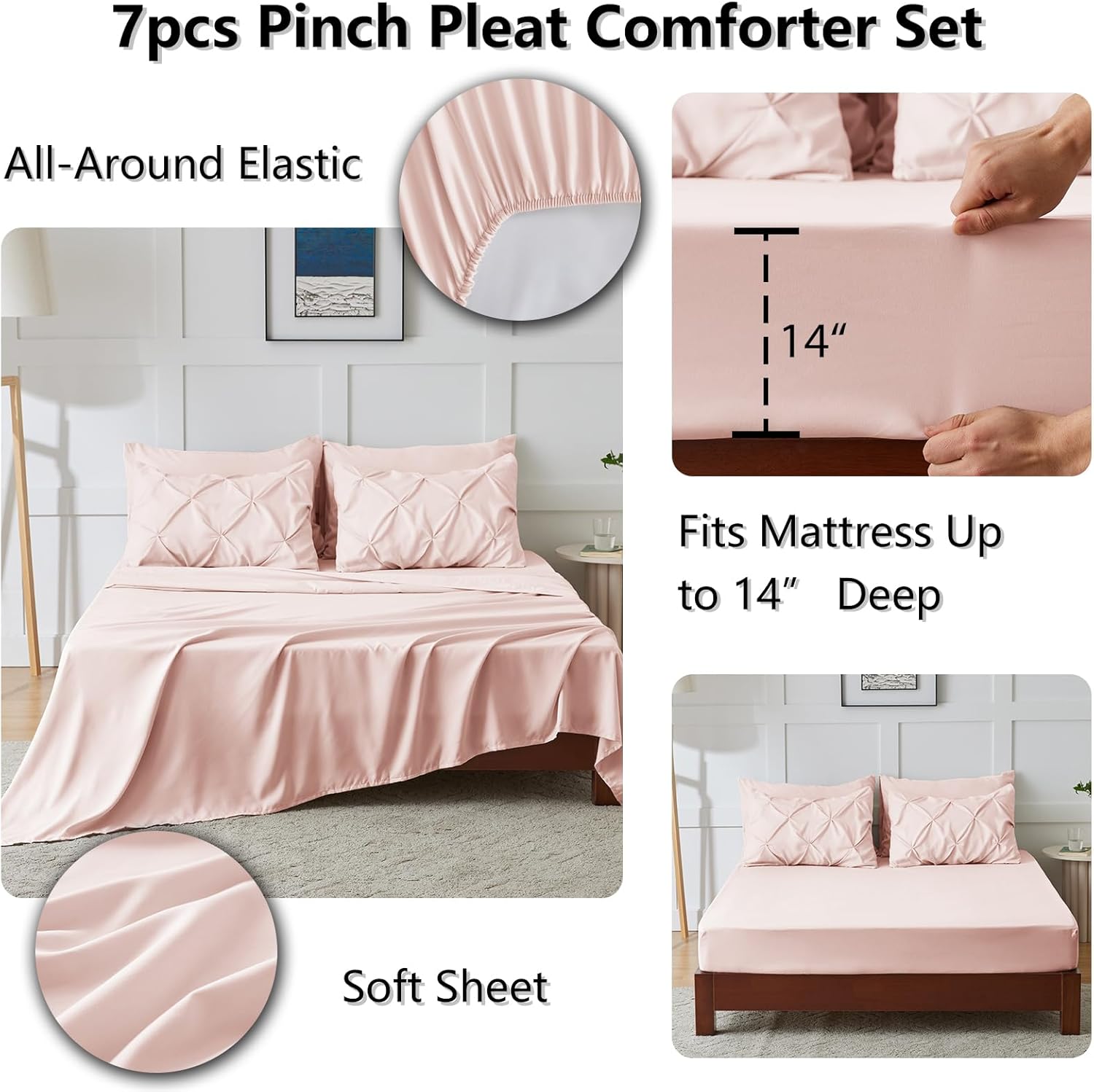 CozyLux Full Size Comforter Sets Blush Pink, 7 Pieces Pintuck Bed in A Bag Pink Comforter Full Size, Pinch Pleat Bedding Sets with All Season Comforter, Sheets, Pillowcases & Shams - Image 6
