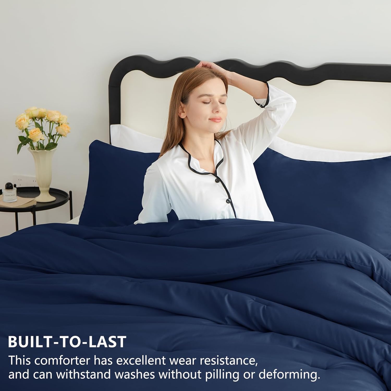 CozyLux Navy Blue Full Size Comforter Set, 3 Pieces Solid Breathable Quilted Style Bedding Sets, Luxury Fluffy Soft Bed Set with Down Alternative Comforter for All Season (1 Comforter & 2 Pillowcases) - Image 2