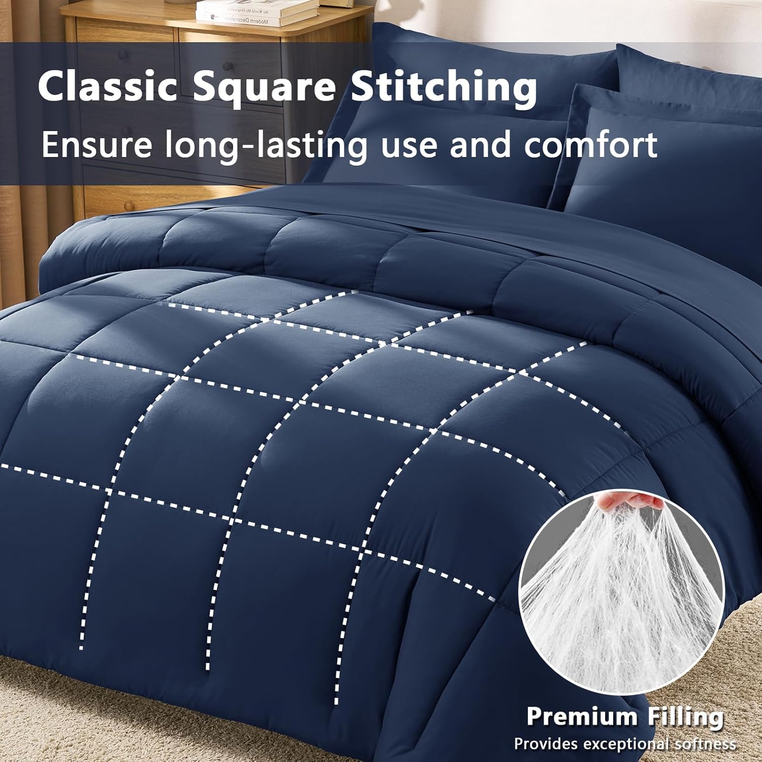 CozyLux Navy Blue Queen Comforter Set with Sheets - 7 Pieces Bed in a Bag Queen Bedding Sets, All Season Soft 7PC Bed Set with Navy Comforter, Flat Sheet, Fitted Sheet, Pillowcases & Pillow Shams - Image 4