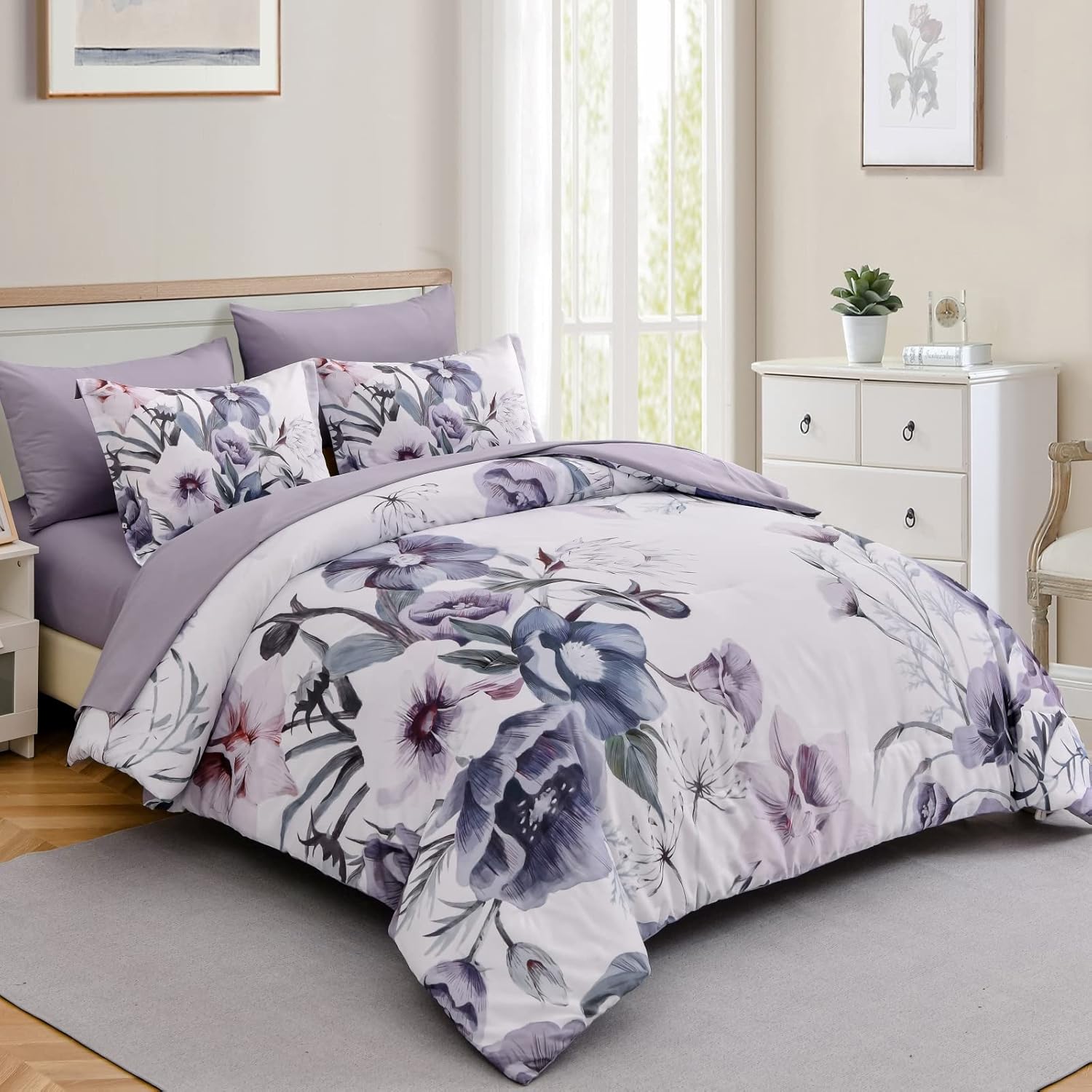 Luxudecor Floral Comforter Set Queen Size 7 Piece, Purple Flower Bed in a Bag, Elegant Floral Comforter with Sheet Set, Soft Microfiber Bedding Set for All Season (Purple, 90"x90") - Image 2
