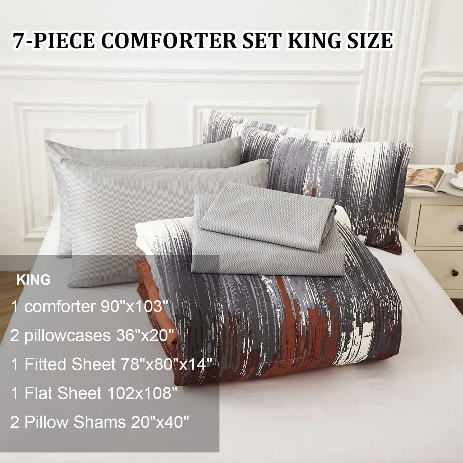 WONGS BEDDING Comforter Set King, Thanksgiving Burnt Orange 7 Pieces Bed in a Bag Abstract Gradient Soft Microfiber Fall Terracotta Bedding Set with Flat Sheet, Fitted Sheet, Pillow Shams, Pillowcases - Image 3