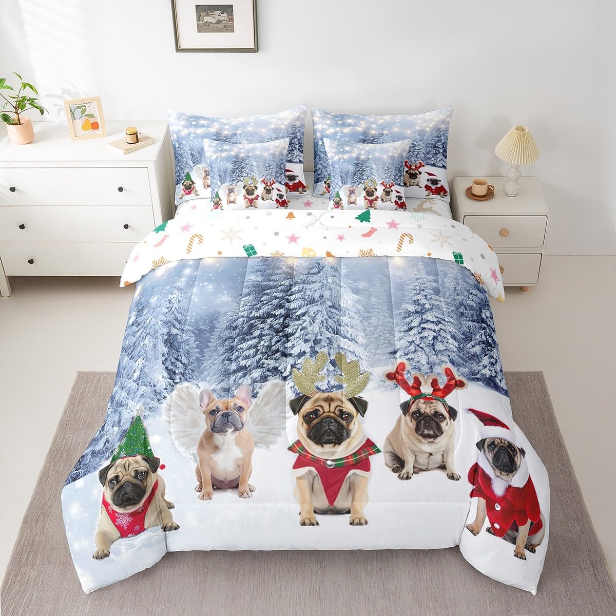 Pink Christmas 7 Piece Bedding Set Full Size Merry Christmas Snowman Bed in a Bag for Boys Girls Bedroom Decor Santa Claus Comforter Set with Sheets,Pillowcases & Cushion Cover Soft Xmas Tree Deer - Image 12