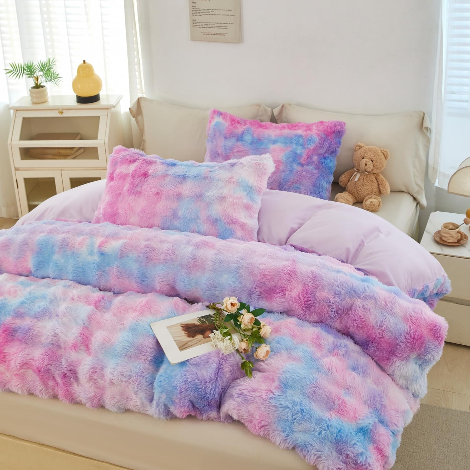SUCSES Blue Purple Fluffy Twin Bedding Sets for Girls 3Pcs Faux Fur Plush Shaggy Kids Duvet Cover Set Twin Size Tie Dye Velvet Furry Comforter Cover Set - Image 17