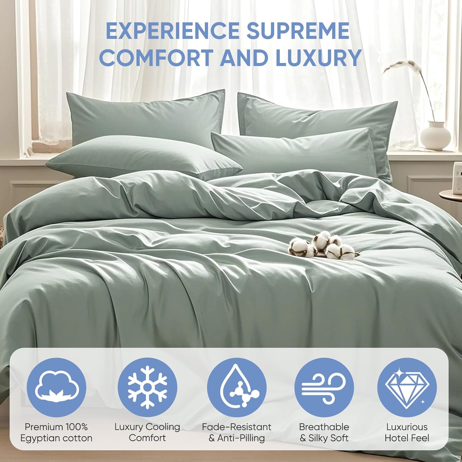 TWK 1200 TC 100% Egyptian Long-Staple Cotton Bedding Sheets Set, Luxury Hotel Style Deep Pocket with Elastic Reinforced Seams Sheet Set, Soft & Comfy Natural Sheets (Mineral, King) - Image 3