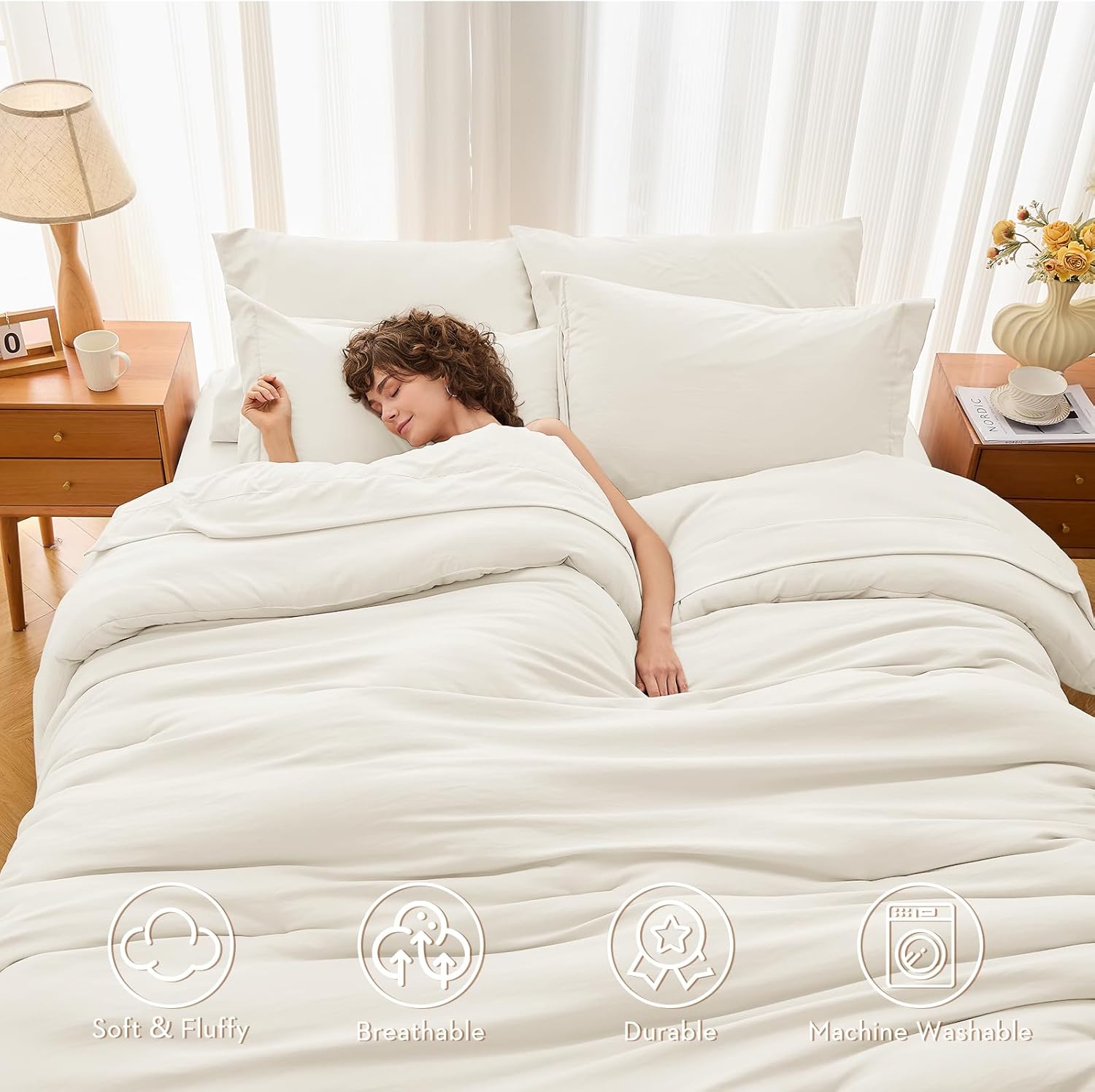 MUXHOMO 7 Pieces Queen Comforter Set, Soft Bed in a Bag Queen Size, All Season Bedding Set with Comforter, Flat Sheet, Fitted Sheet, Pillowcases & Shams, Ivory - Image 2