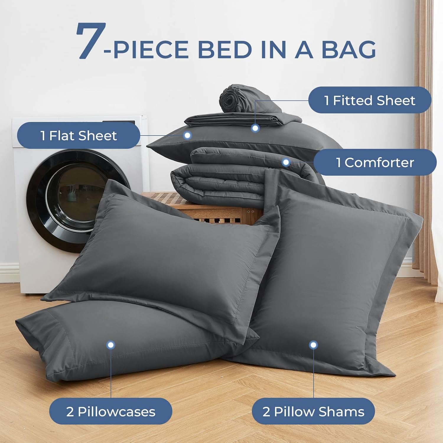 Sasttie Queen Comforter Set, 7 Pieces Bed in a Bag Queen, Complete Bedding Set Includes Grey Comforter, Flat Sheet, Fitted Sheet, Pillowcases and Pillow Shams, Dark Grey - Image 6
