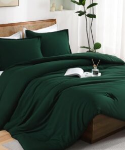 Andency Dark Emerald Green Queen Size Comforter Set, 3 Pieces Forest Hunter Green Boho Solid Bedding Sets, Soft Cozy Lightweight Down Alternative All Season Bed Set