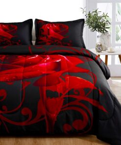 WONGS BEDDING Red Comforter Set Queen Reversible Red Rose Pattern Printed Bedding Down Comforter with 2 Pillowcases for All Seasons, Soft Microfiber Lightweight Bedding Set 90"x90"