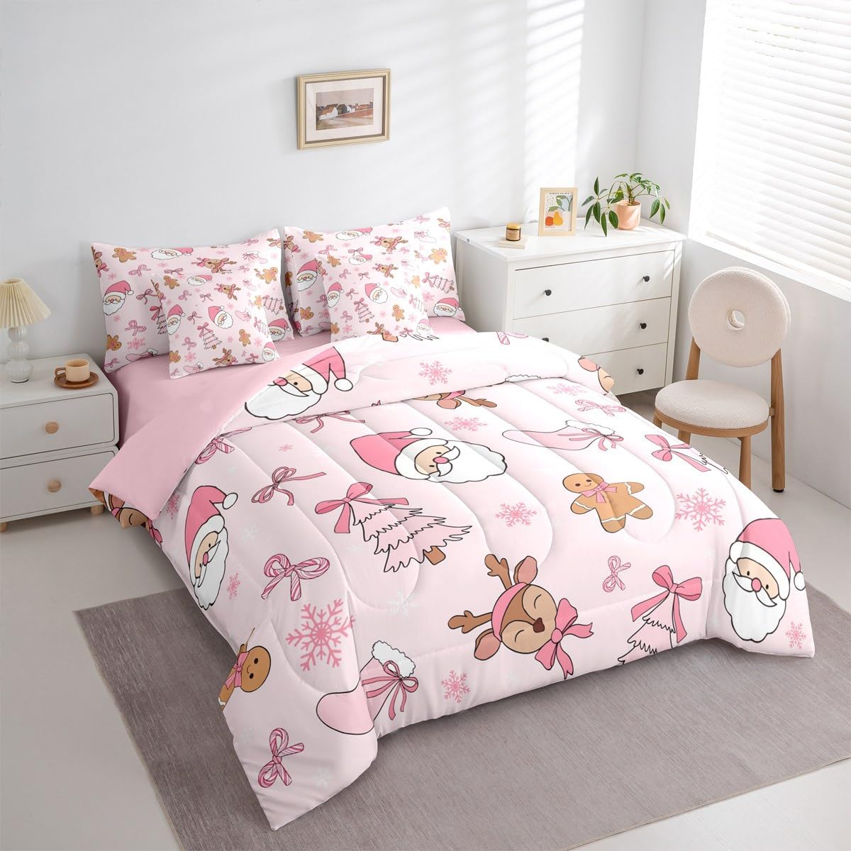 Pink Christmas 7 Piece Bedding Set Full Size Merry Christmas Snowman Bed in a Bag for Boys Girls Bedroom Decor Santa Claus Comforter Set with Sheets,Pillowcases & Cushion Cover Soft Xmas Tree Deer - Image 2