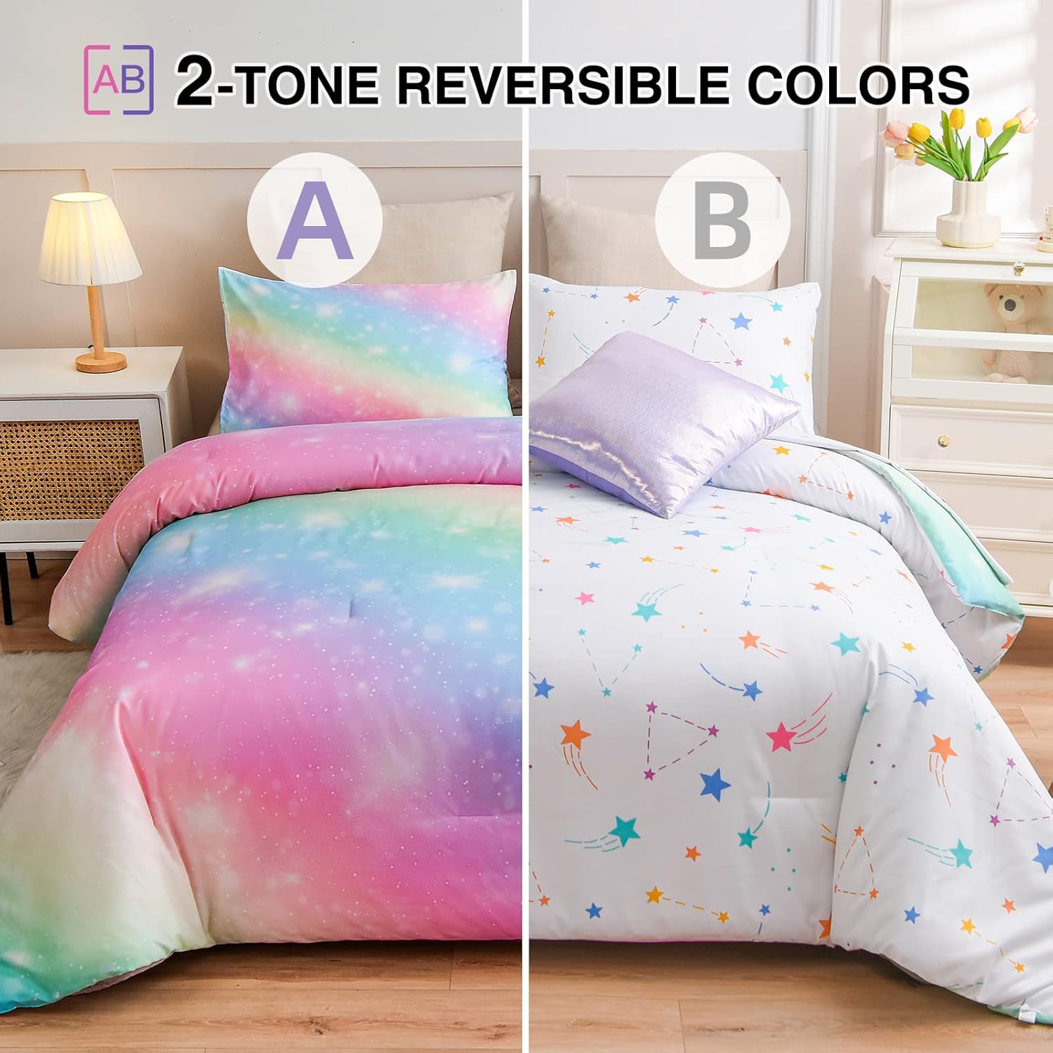 A Nice Night 6Pcs Gradient Glitter Bedding Set for Girls Full Size, Colorful Rainbow Galaxy Comforter Set, Ultra Soft Bedding Sets, Pink - Image 2