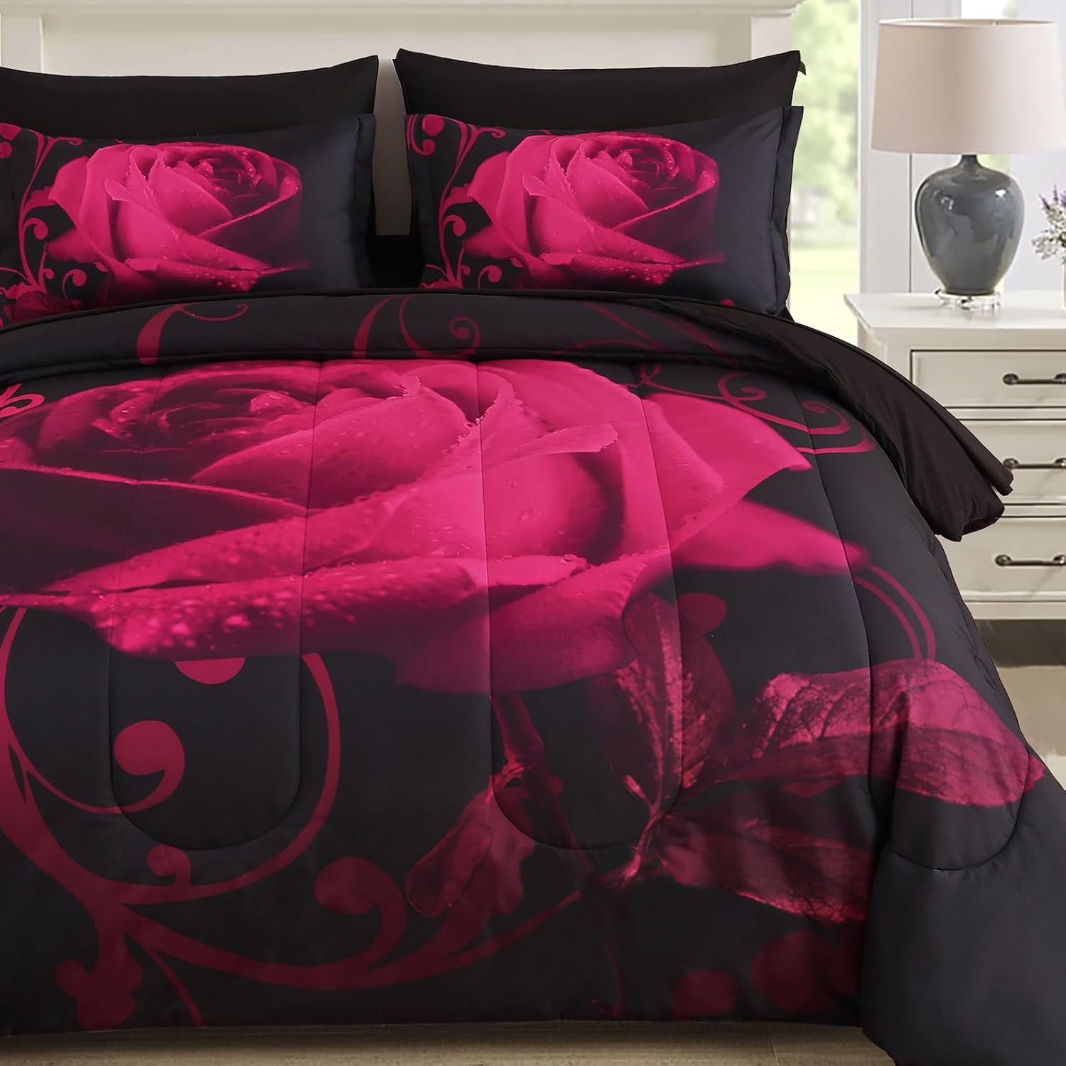WONGS BEDDING Red Comforter Set Queen, Reversible Red Rose 7 Pieces Bed in a Bag, Lightweight Soft Microfiber Bedding Sets with Comforter, Flat Sheet, Fitted Sheet, Pillowcases & Shams - Image 12