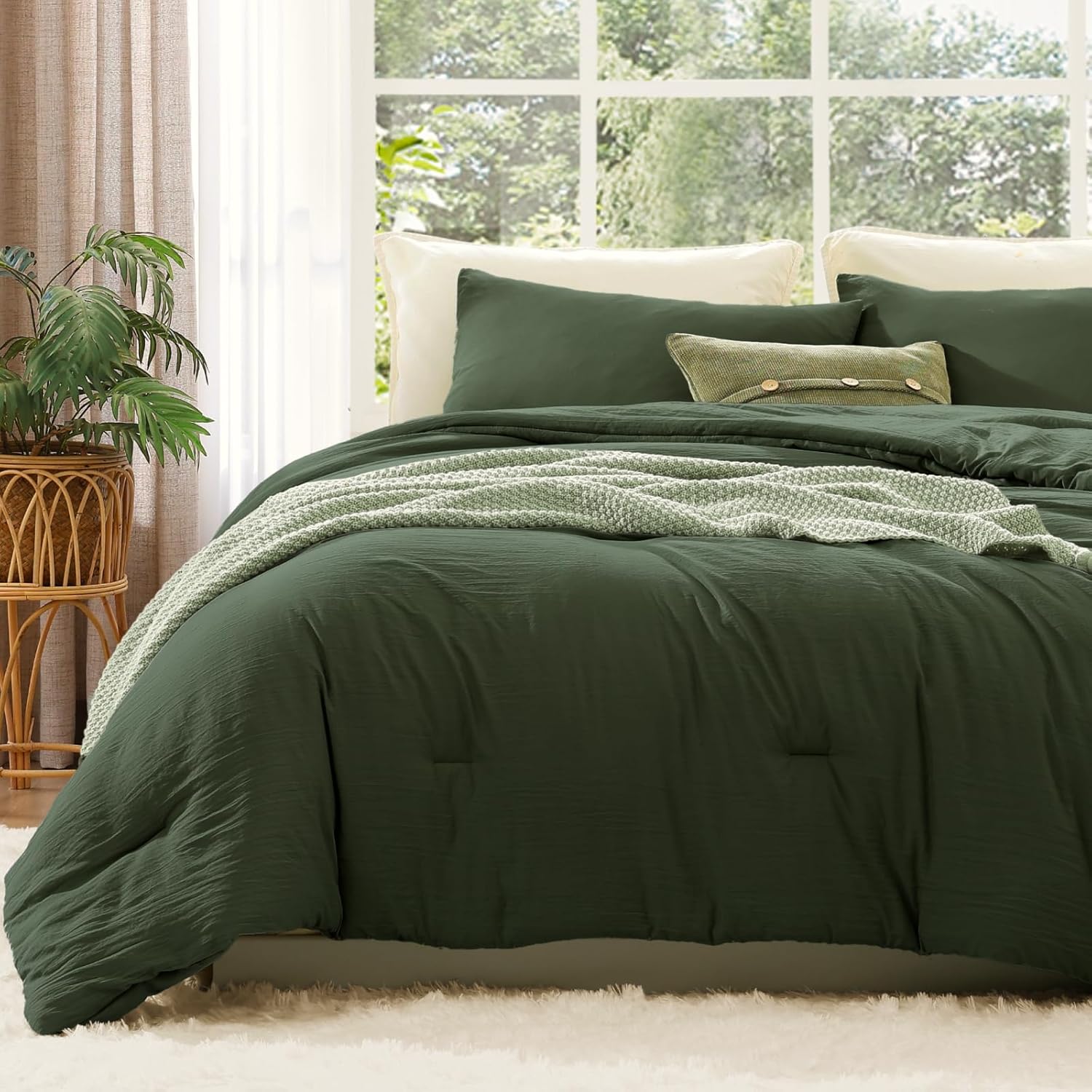 WRENSONGE King Size Comforter Set - 3 Pieces Olive Green Comforter Prewashed Soft Lightweight for All Seasons,Fluffy Down Alternative Comforter King Size with 2 Pillow Shams - Image 19