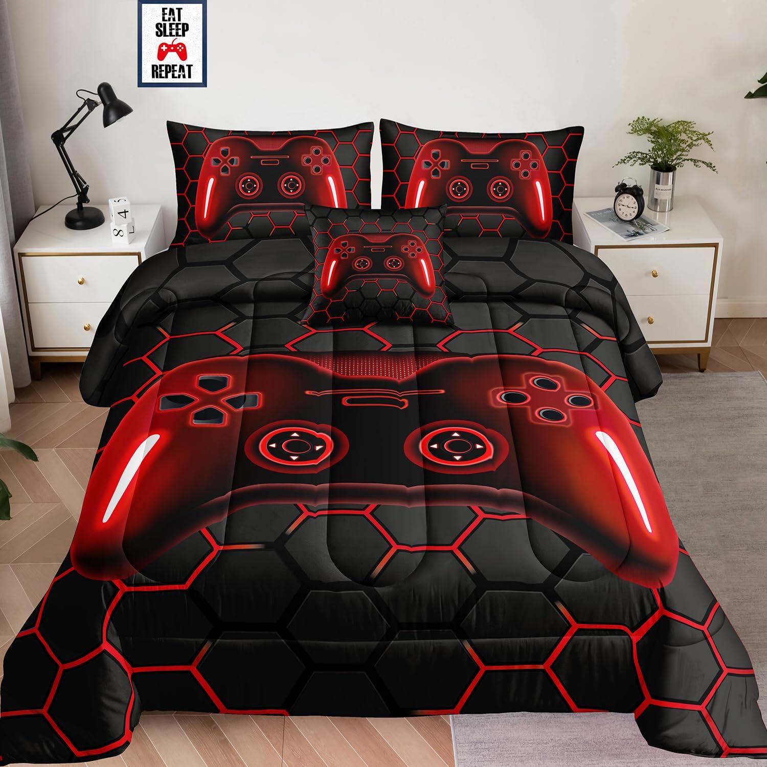 6 Pieces Bed in a Bag for Boys Bedding Sets Queen Size,Gamer Comforter Sets for Boys Kids, Gaming Comforter Set for Teens Room Decor with Flat Sheet,Fitted Sheet,Pillowcase,Cushion Cover - Image 5
