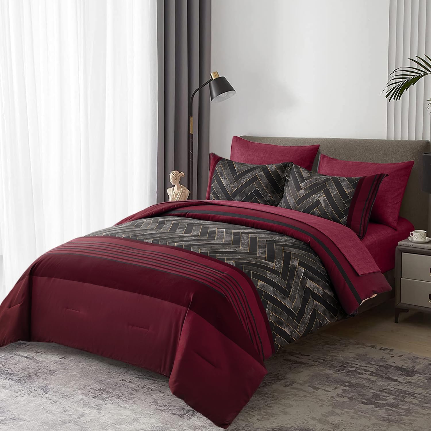 Luxudecor Burgundy Comforter Set Queen Size 7 Pieces Red and Black Stripe Bed in a Bag Geometric Comforter and Sheet Set, Soft Microfiber Complete Bedding Sets for All Seasons - Image 3