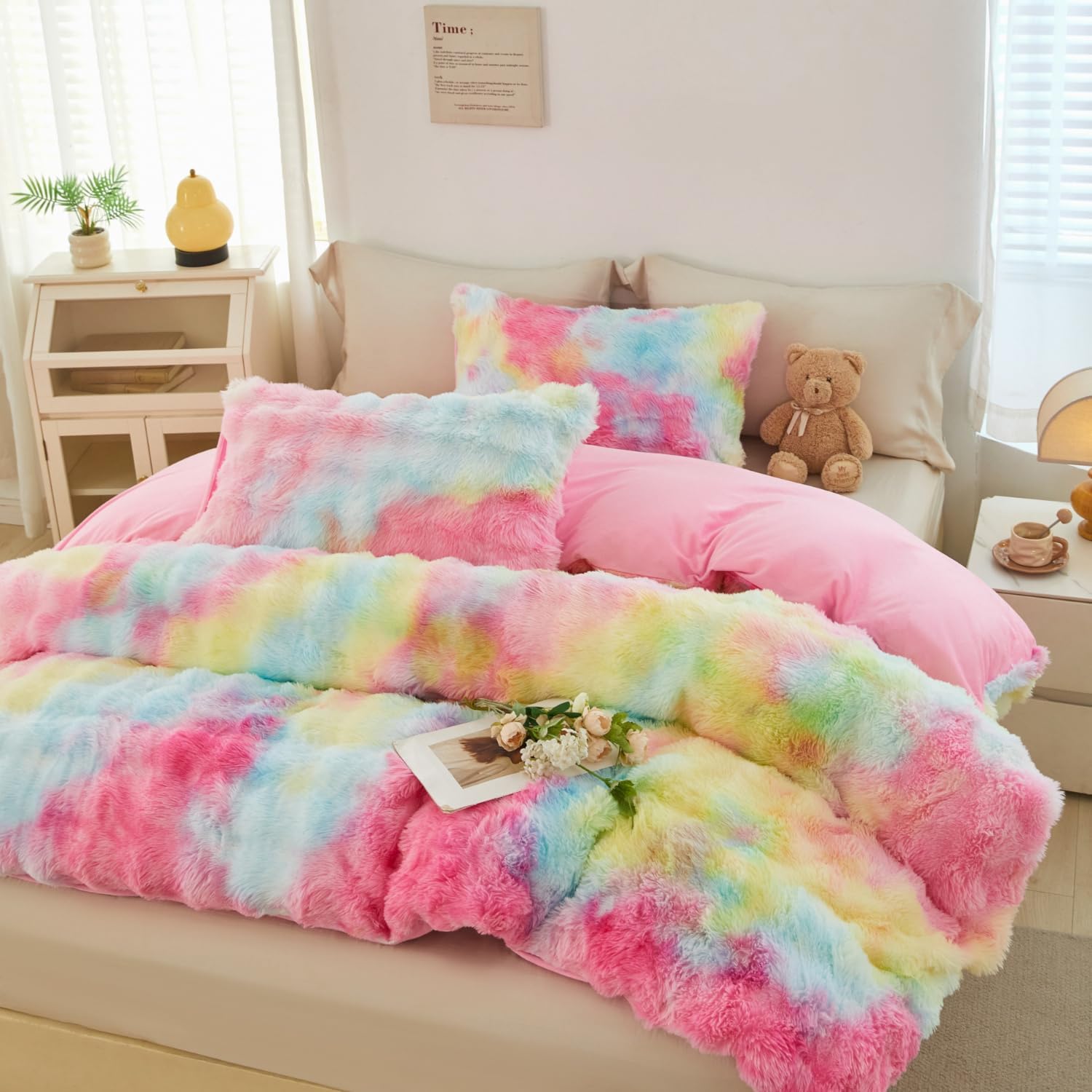 SUCSES Blue Purple Fluffy Twin Bedding Sets for Girls 3Pcs Faux Fur Plush Shaggy Kids Duvet Cover Set Twin Size Tie Dye Velvet Furry Comforter Cover Set - Image 14